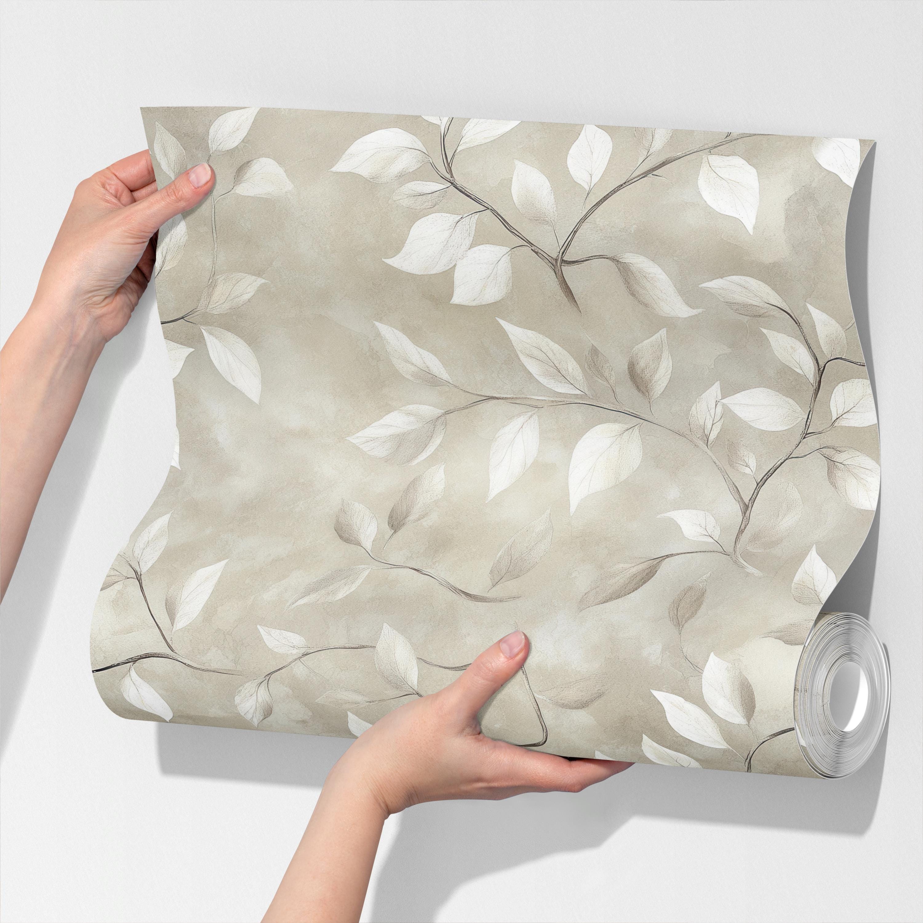 Modern Floral Beige Leaf Wallpaper