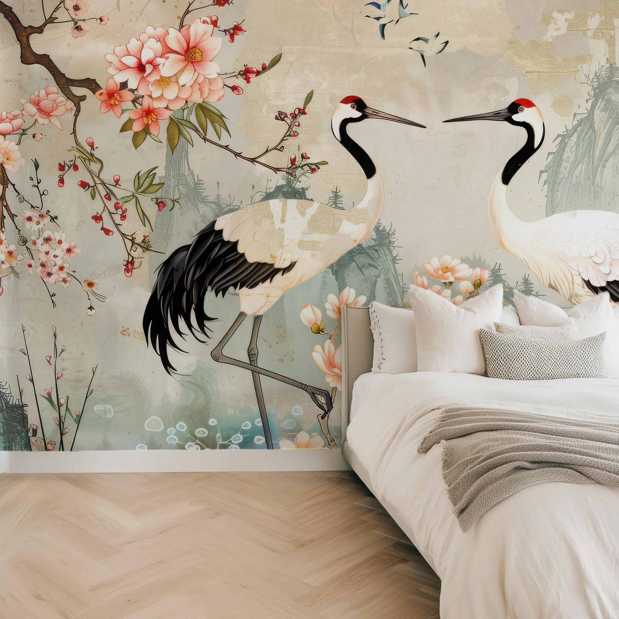 Japanese Crane Bird Floral Elegant Wallpaper