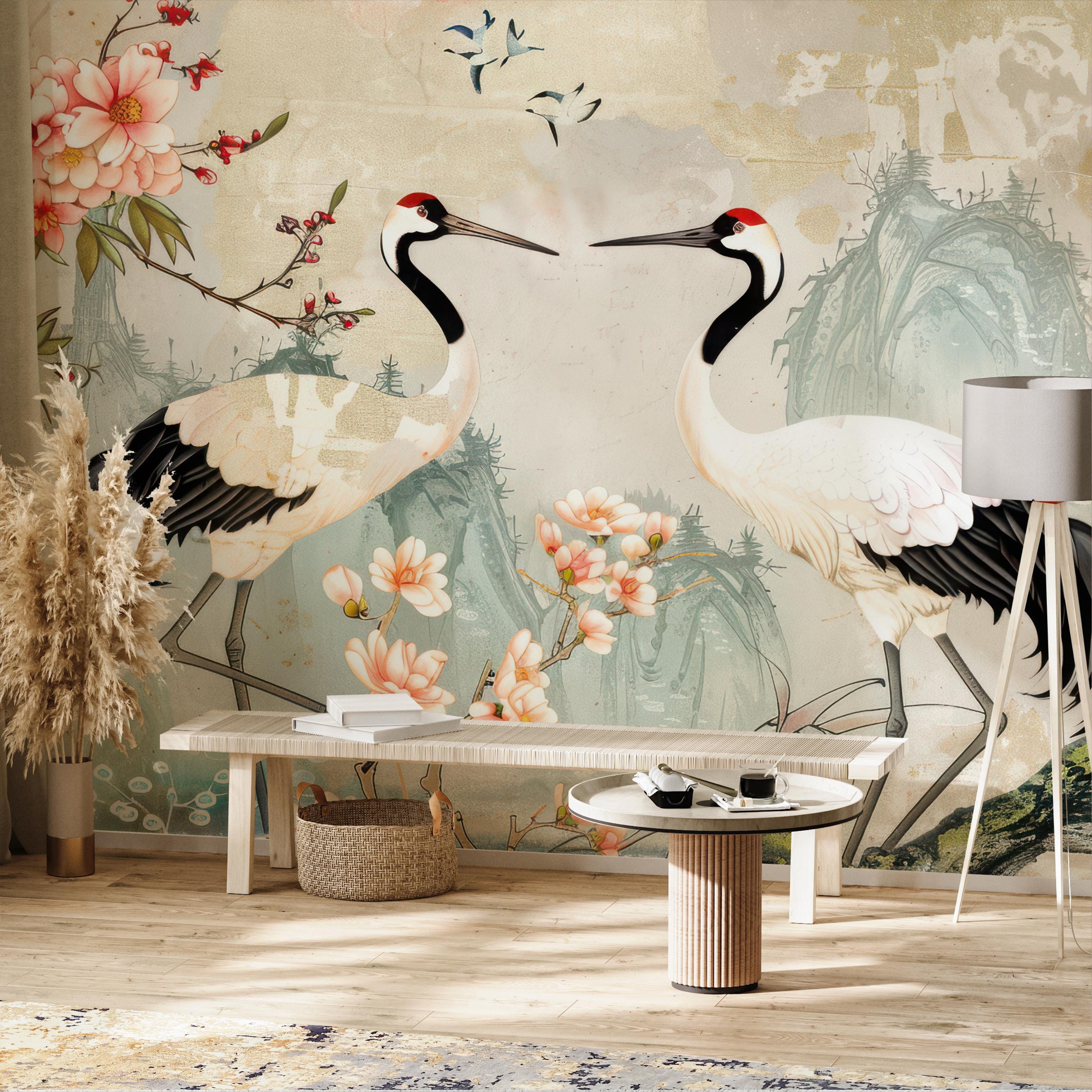 Japanese Crane Bird Floral Elegant Wallpaper