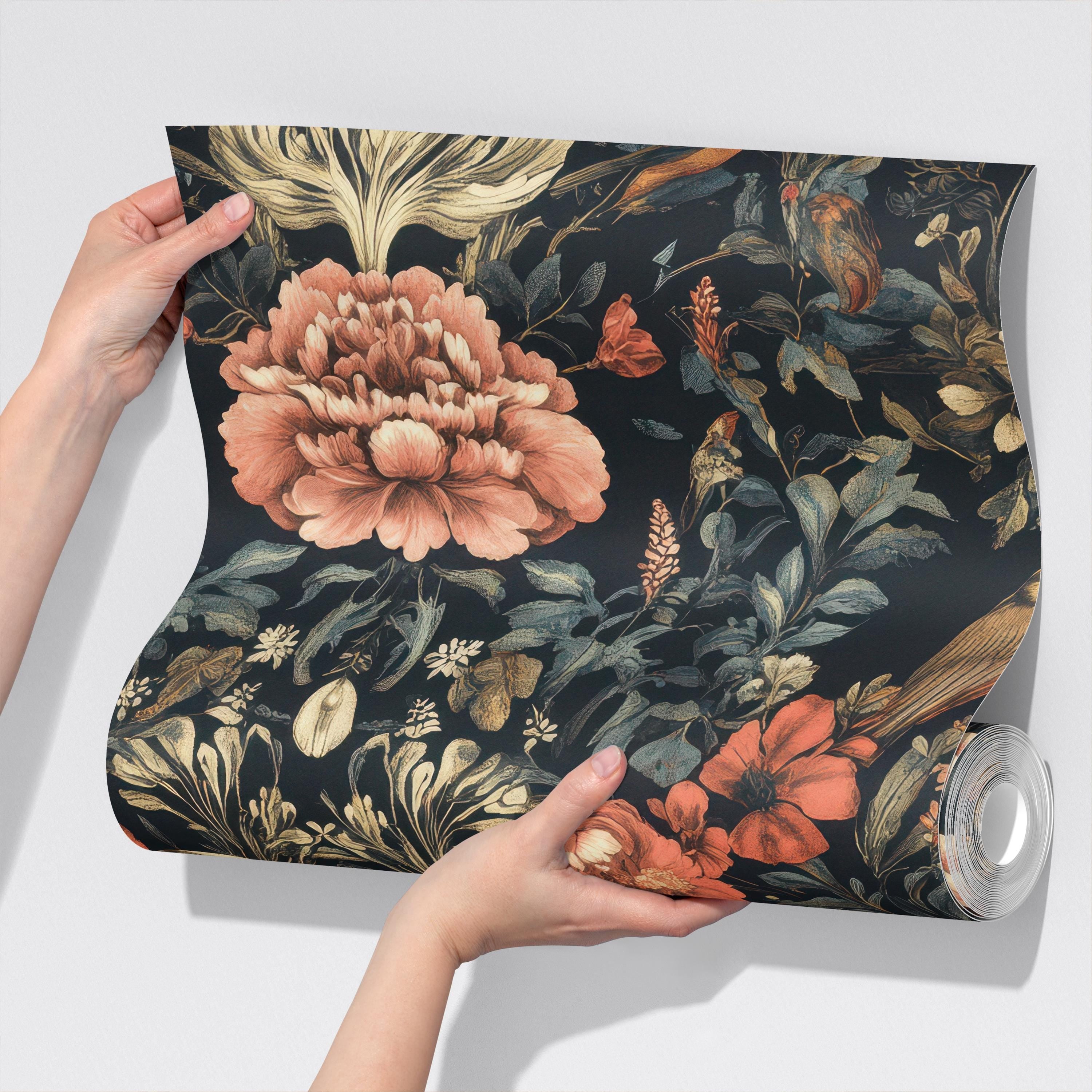 Birds & Flowers Dark Vintage Wallpaper