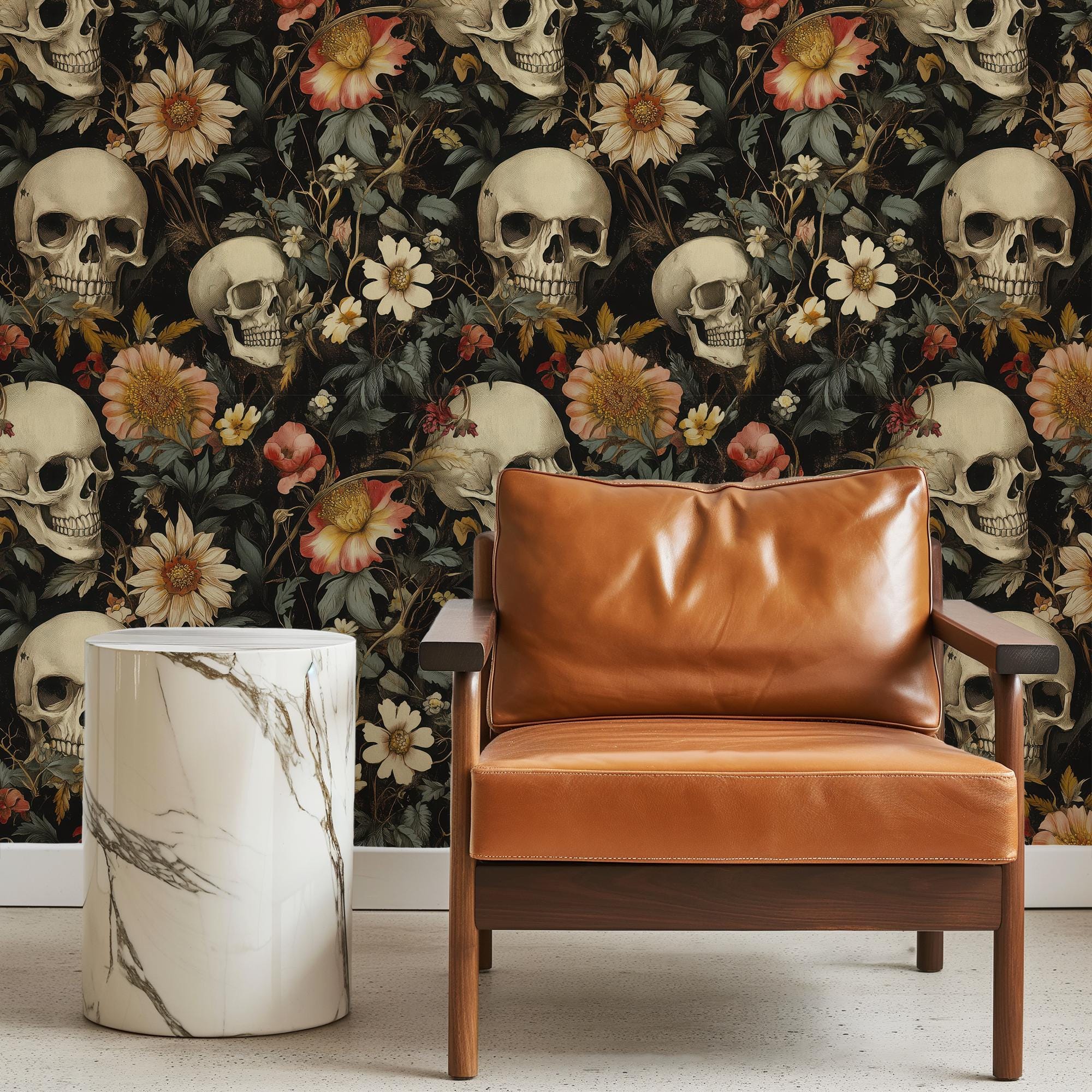 Vintage Macabre Gothic Floral Skull Wallpaper