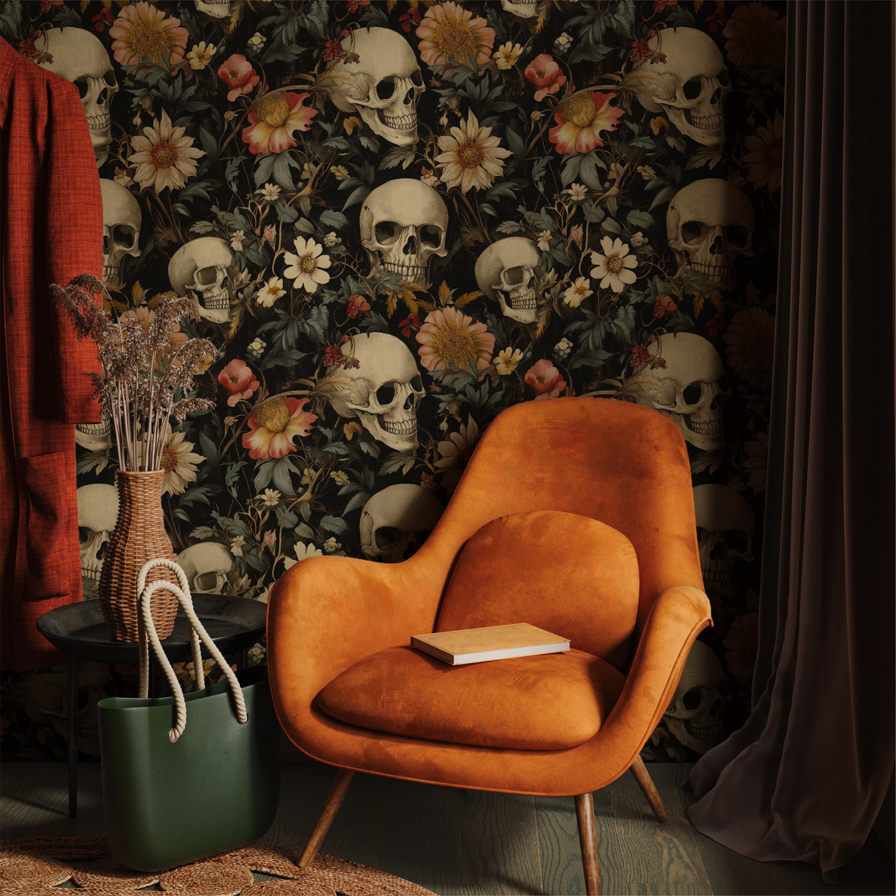 Vintage Macabre Gothic Floral Skull Wallpaper