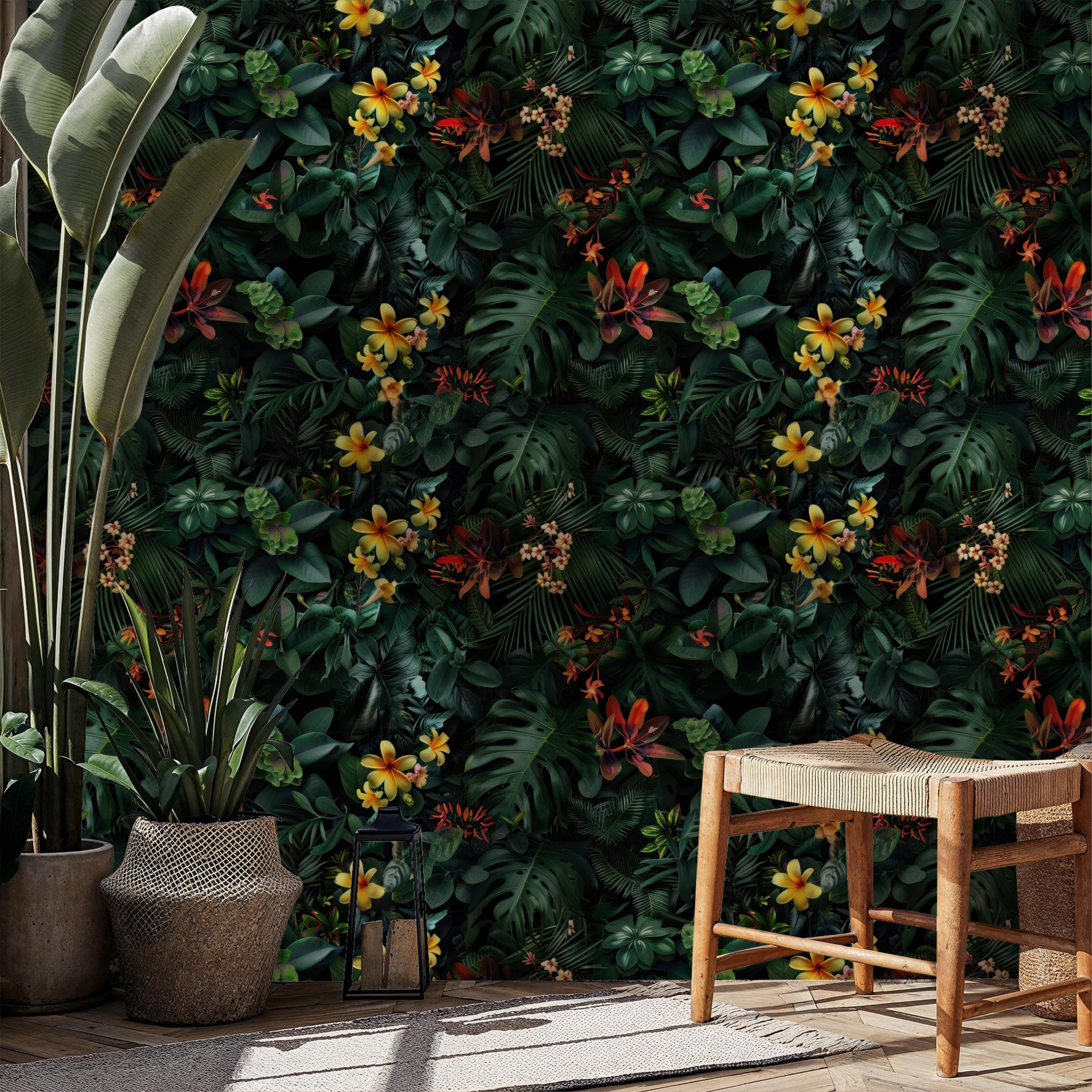 Dark Exotic Tropical Leaves & Flowers Wallpaper