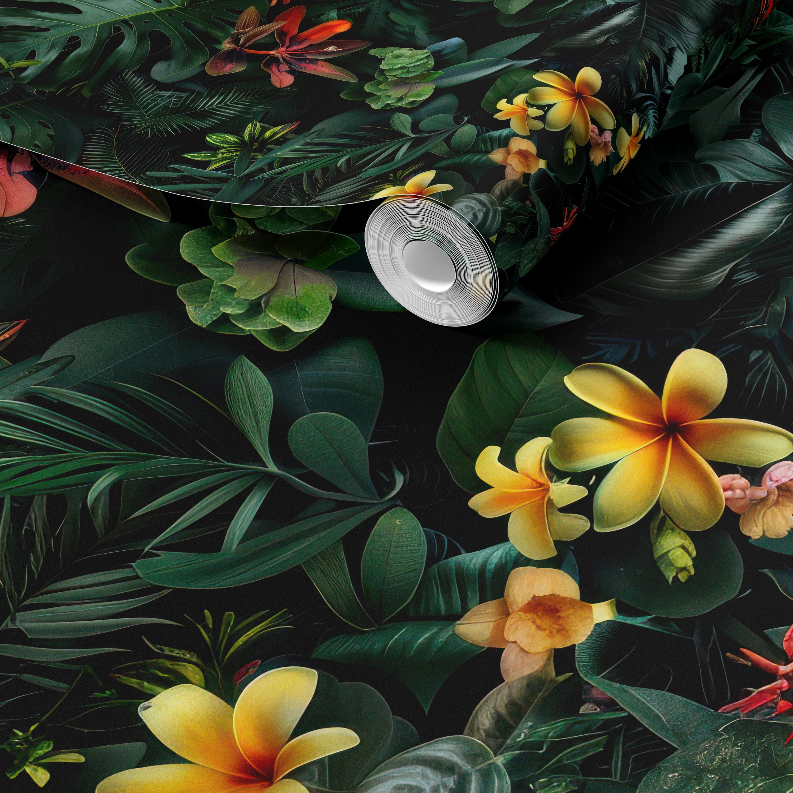 Dark Exotic Tropical Leaves & Flowers Wallpaper