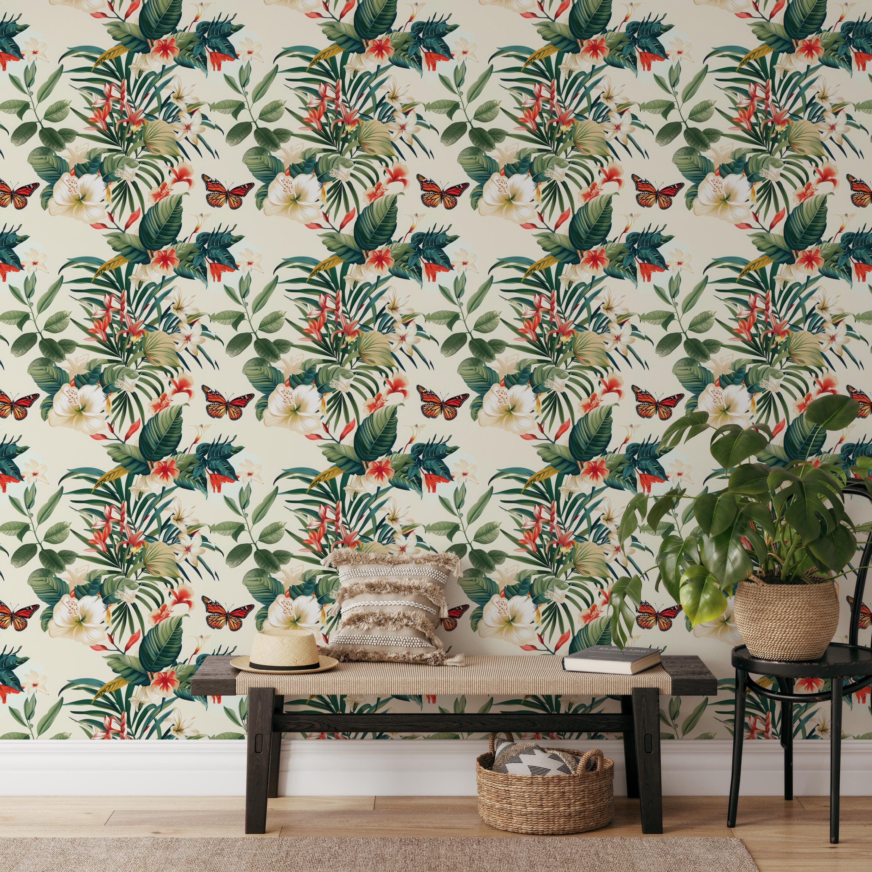 Exotic Tropical Vibrant Flower & Leaf Wallpaper