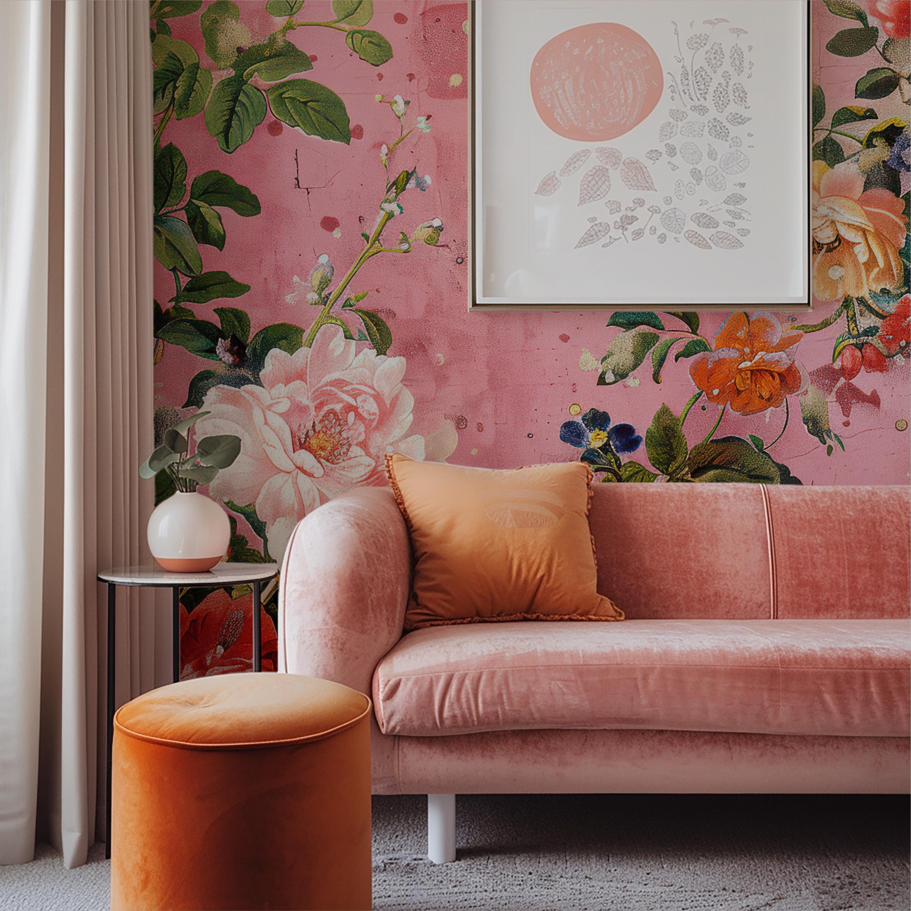 Pink Distressed Floral Wallpaper