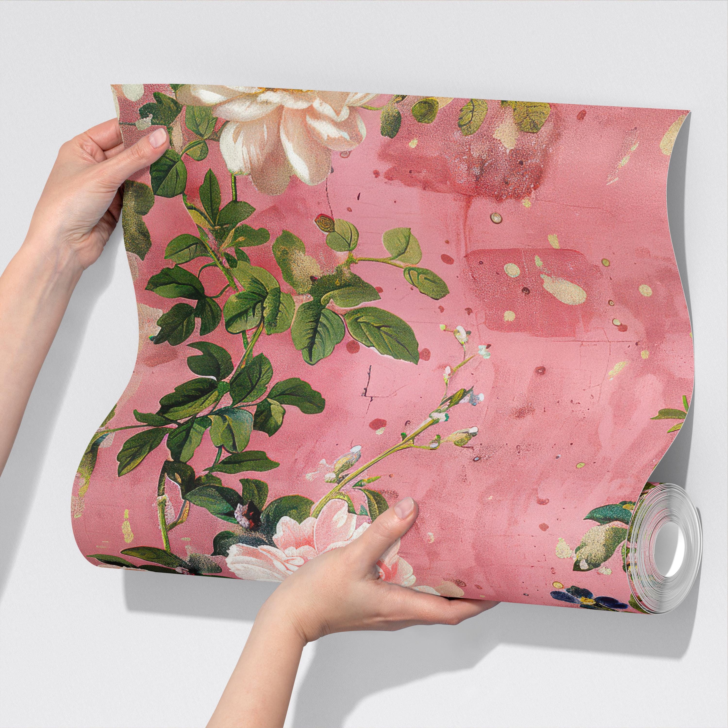 Pink Distressed Floral Wallpaper