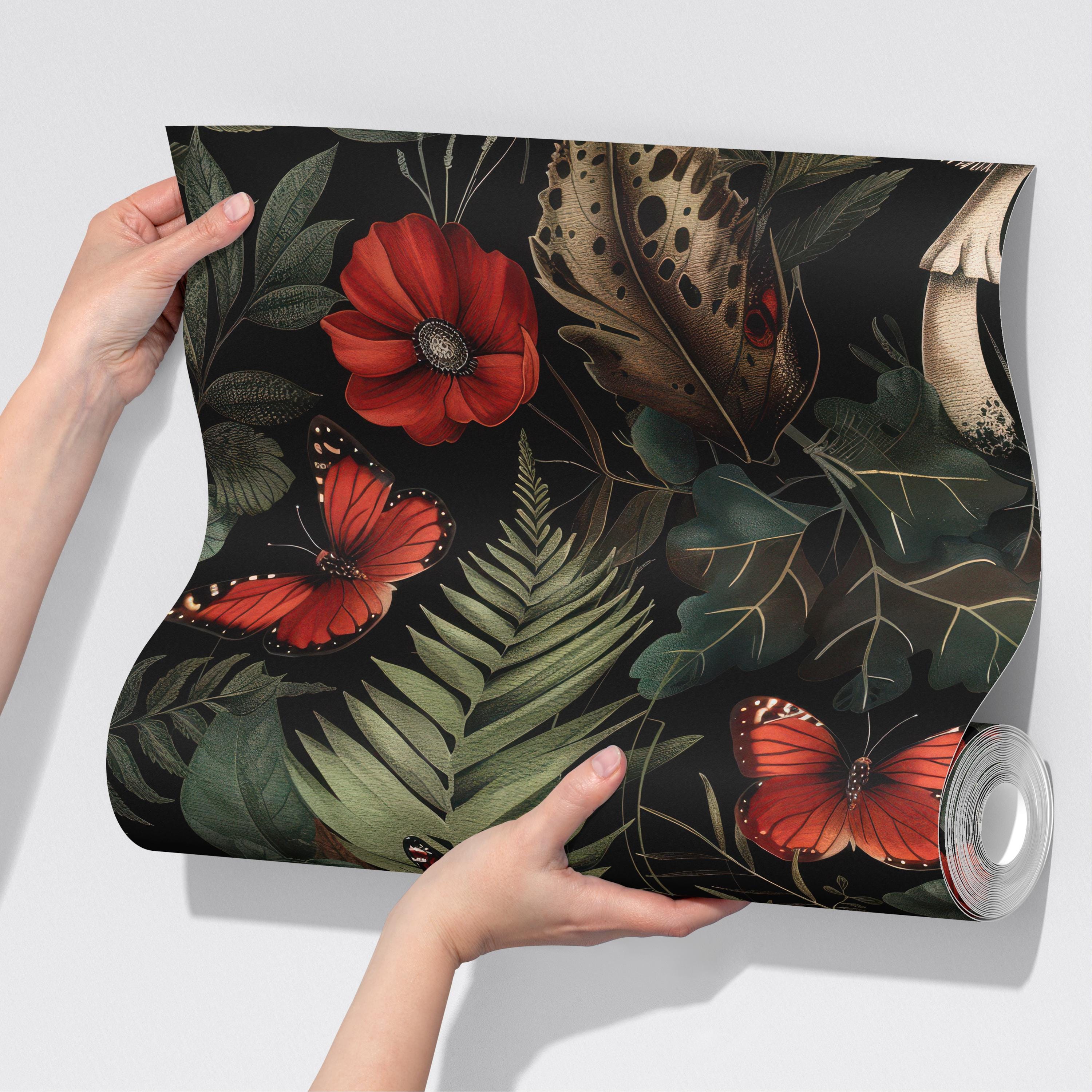 Dark Forest Mystical Red Mushrooms & Ferns Wallpaper