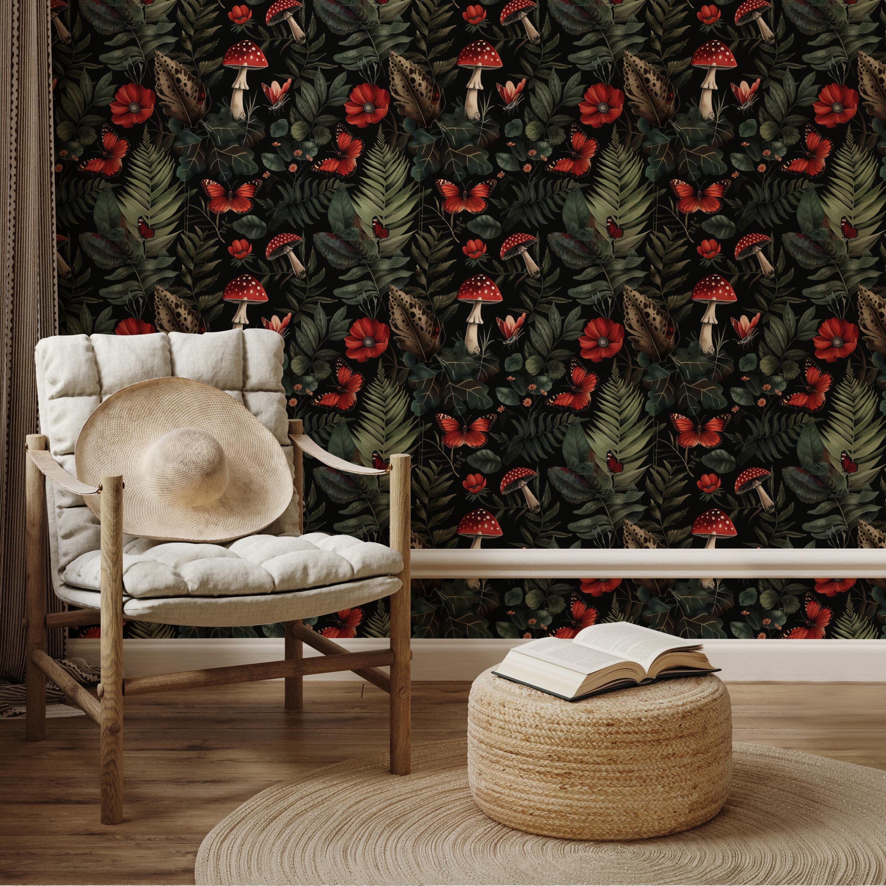 Dark Forest Mystical Red Mushrooms & Ferns Wallpaper