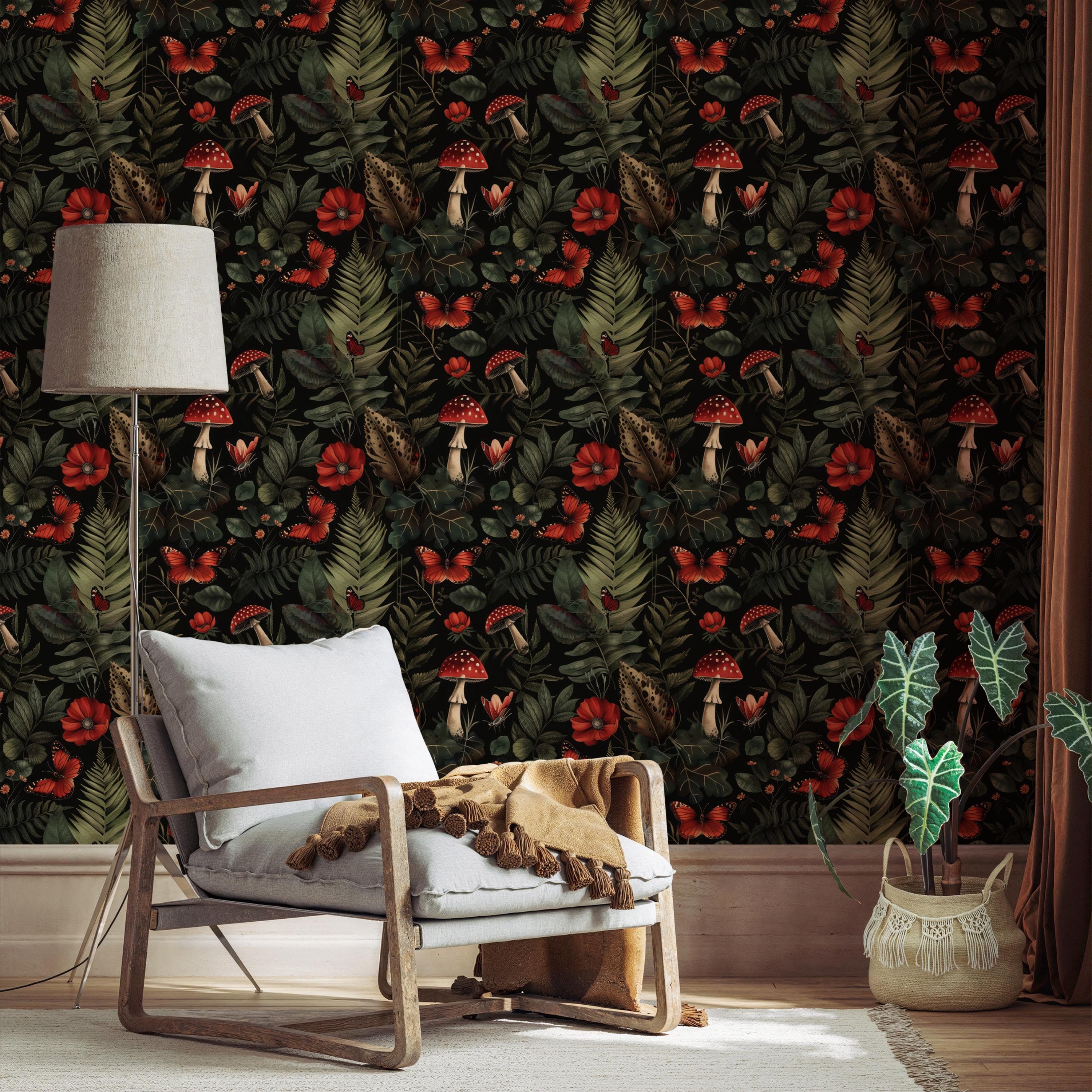 Dark Forest Mystical Red Mushrooms & Ferns Wallpaper