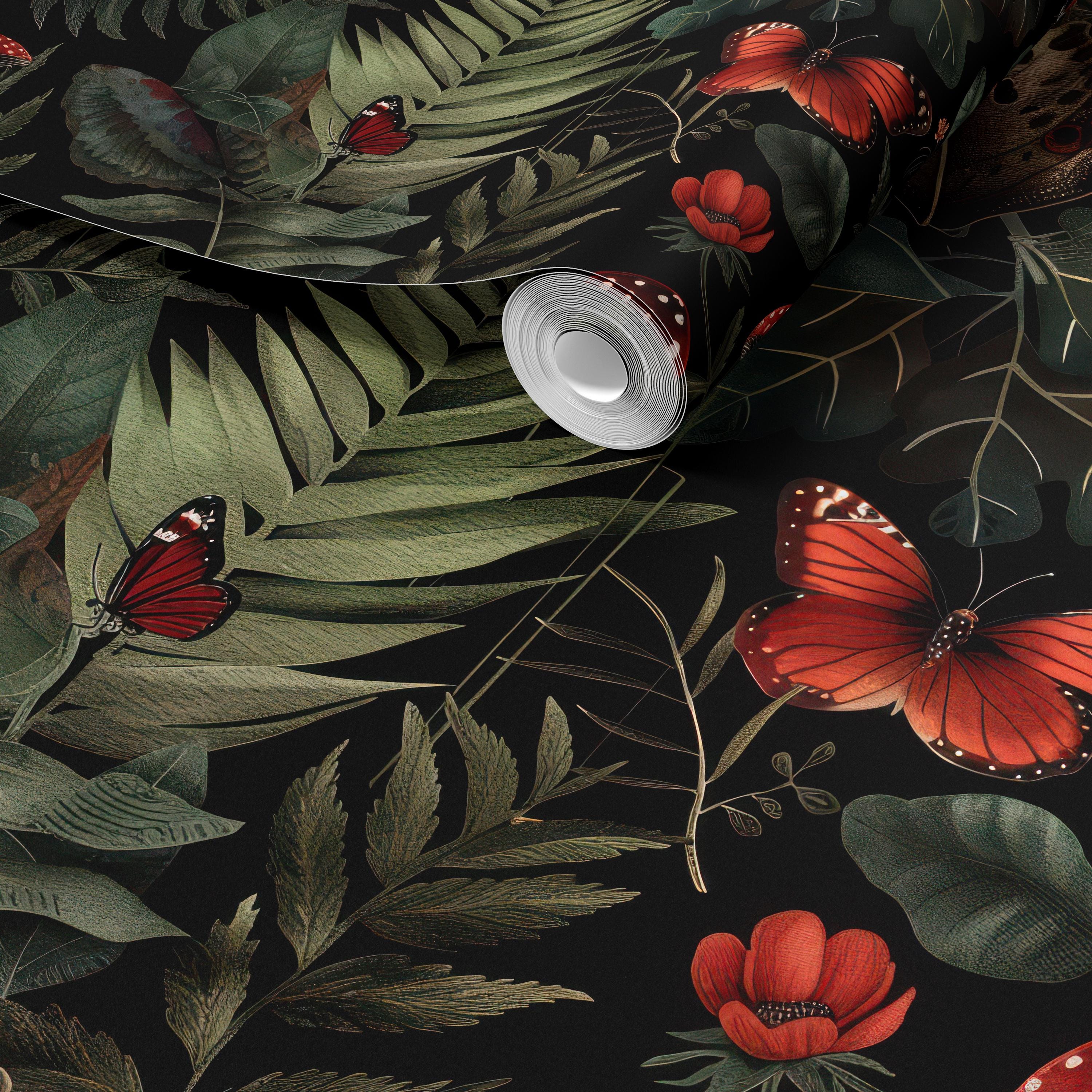 Dark Forest Mystical Red Mushrooms & Ferns Wallpaper