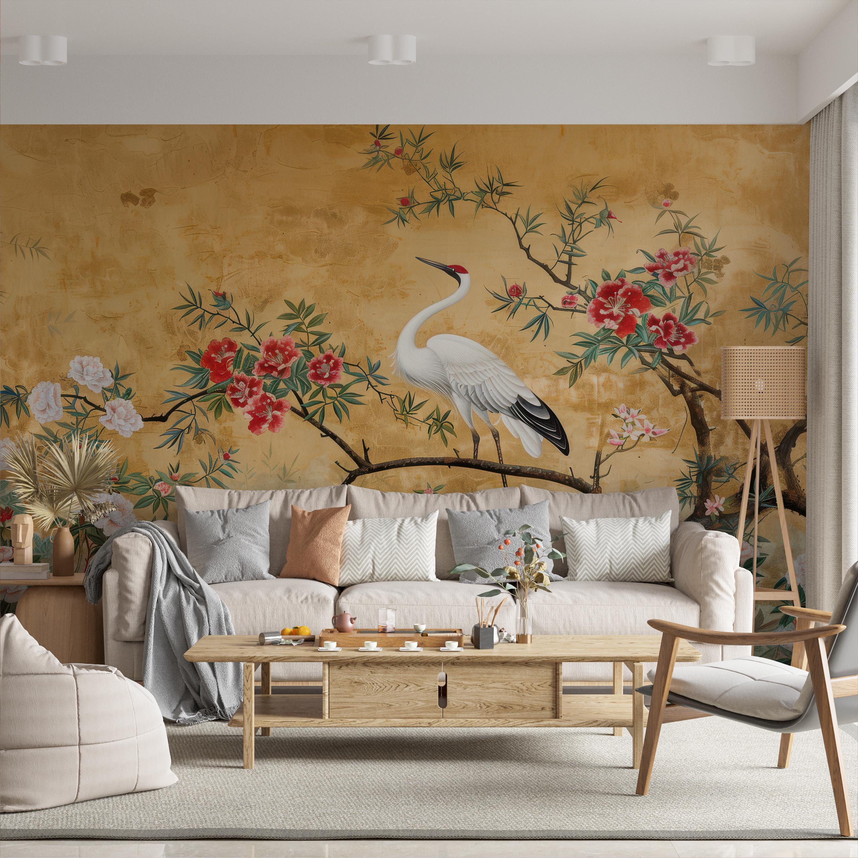 Oriental Crane and Floral Mural Wallpaper