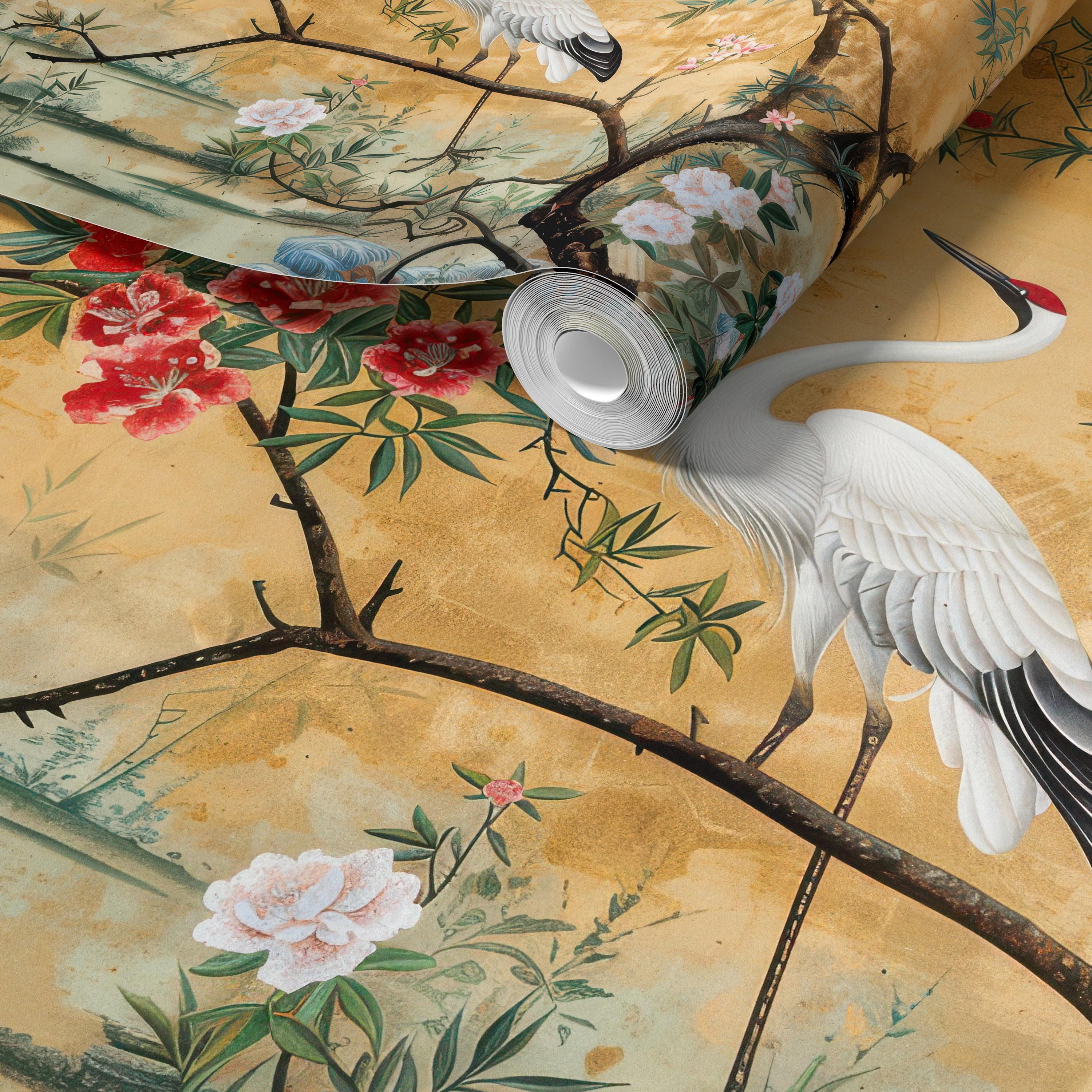 Oriental Crane and Floral Mural Wallpaper