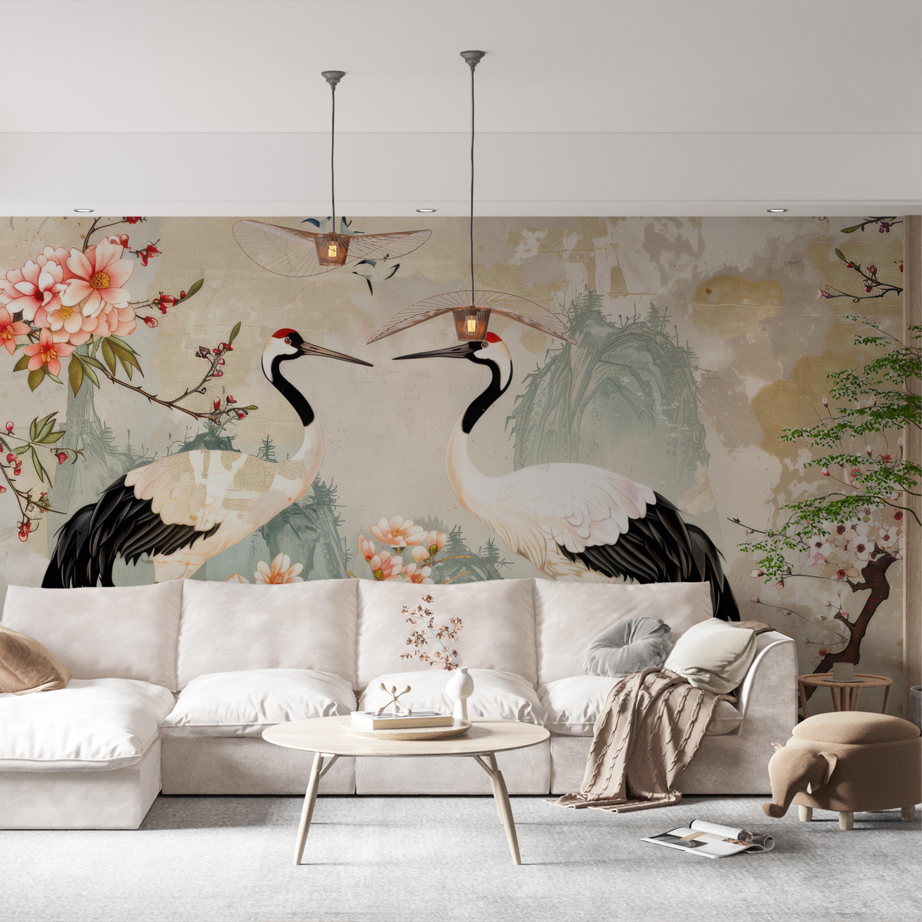 Japanese Crane Bird Floral Elegant Wallpaper