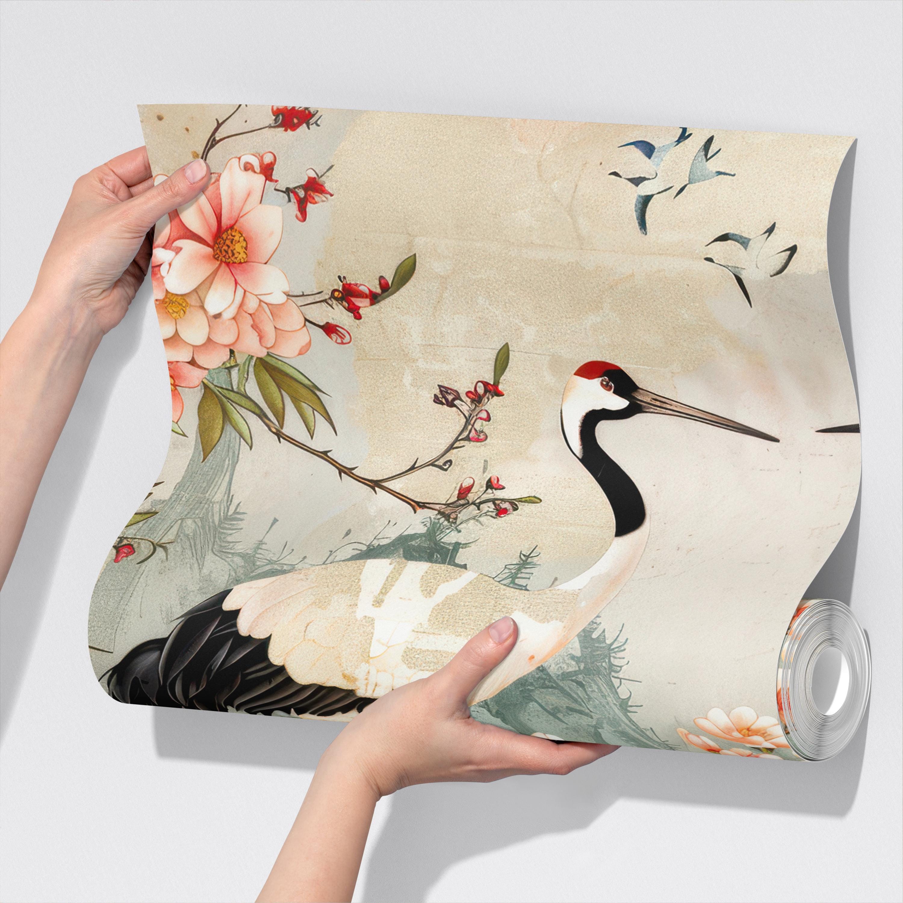 Japanese Crane Bird Floral Elegant Wallpaper