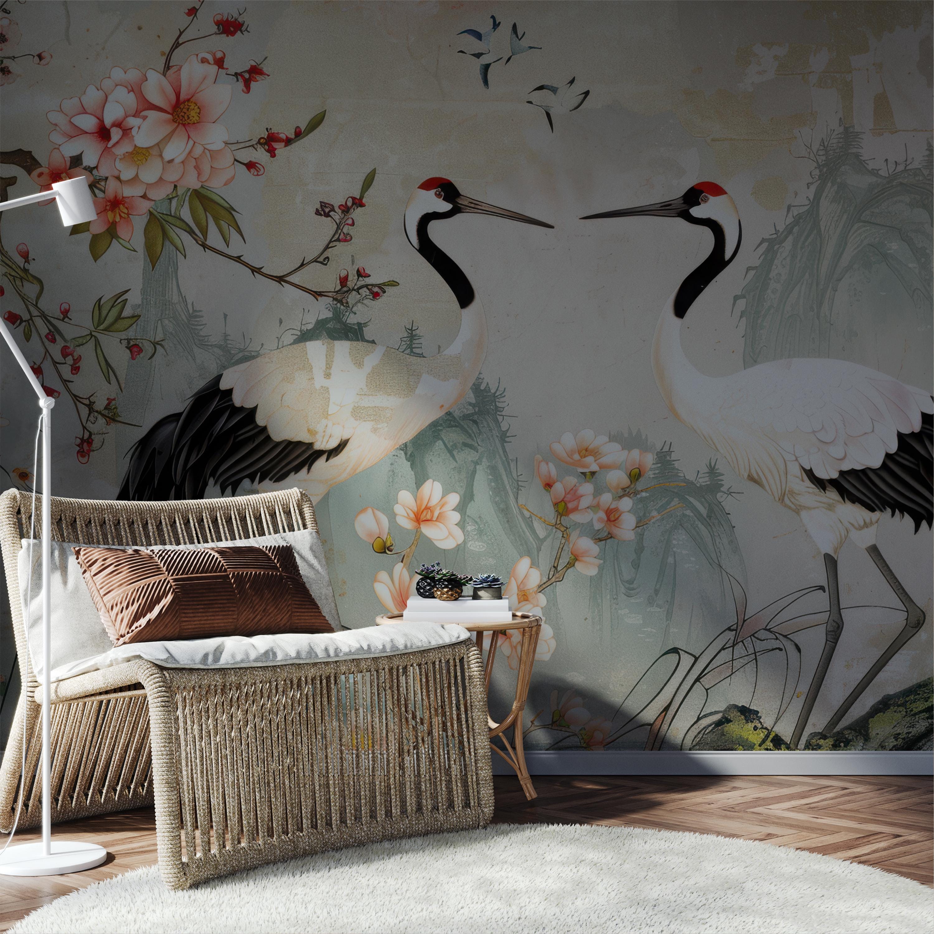 Japanese Crane Bird Floral Elegant Wallpaper