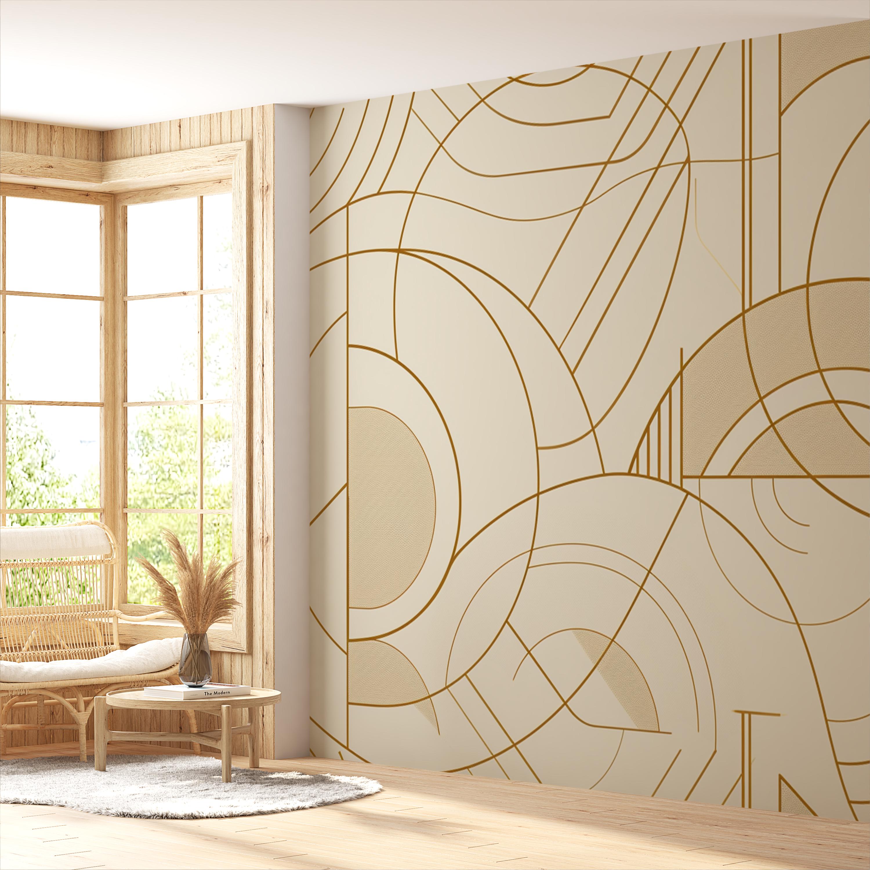 Beige and Gold Line Art Wallpaper