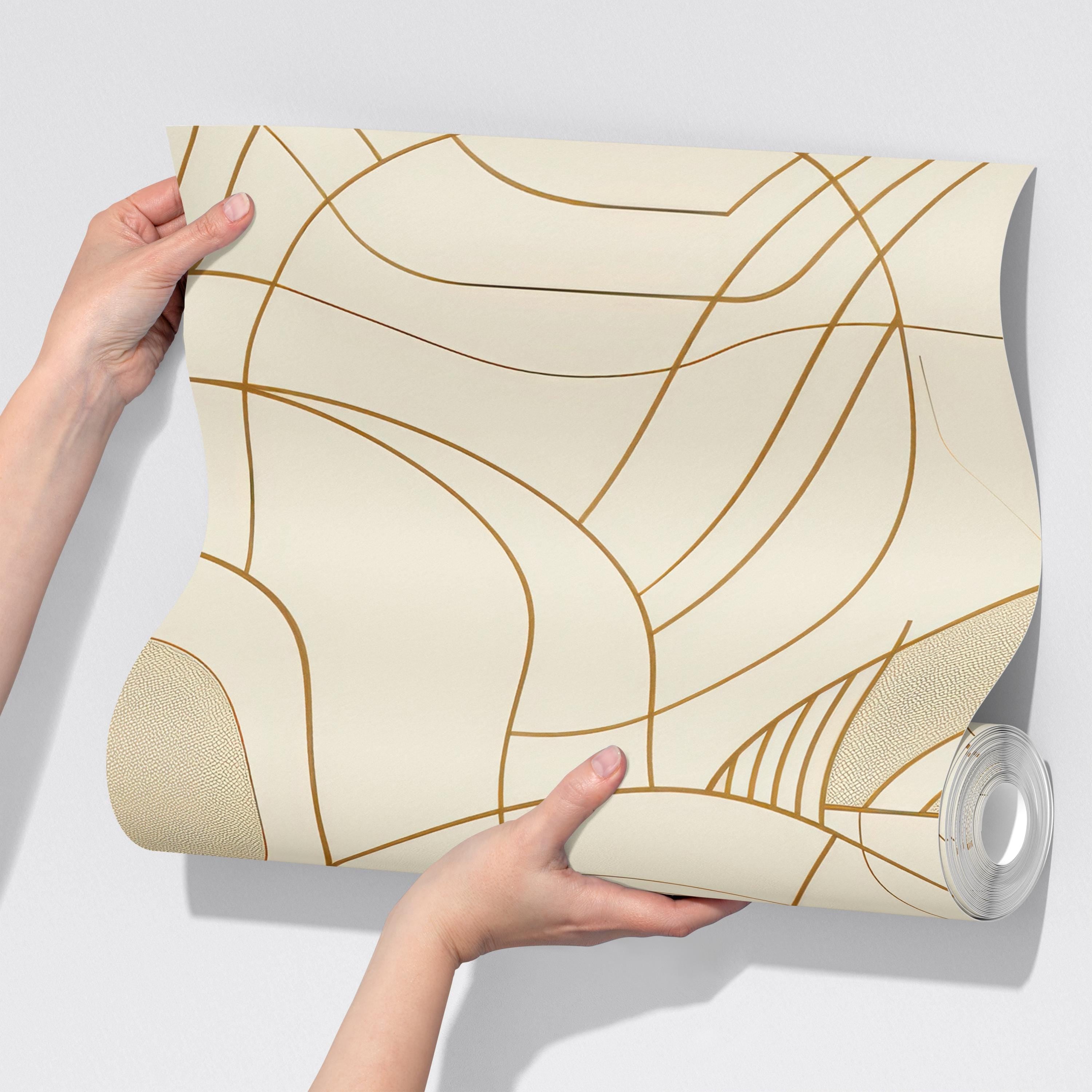 Beige and Gold Line Art Wallpaper