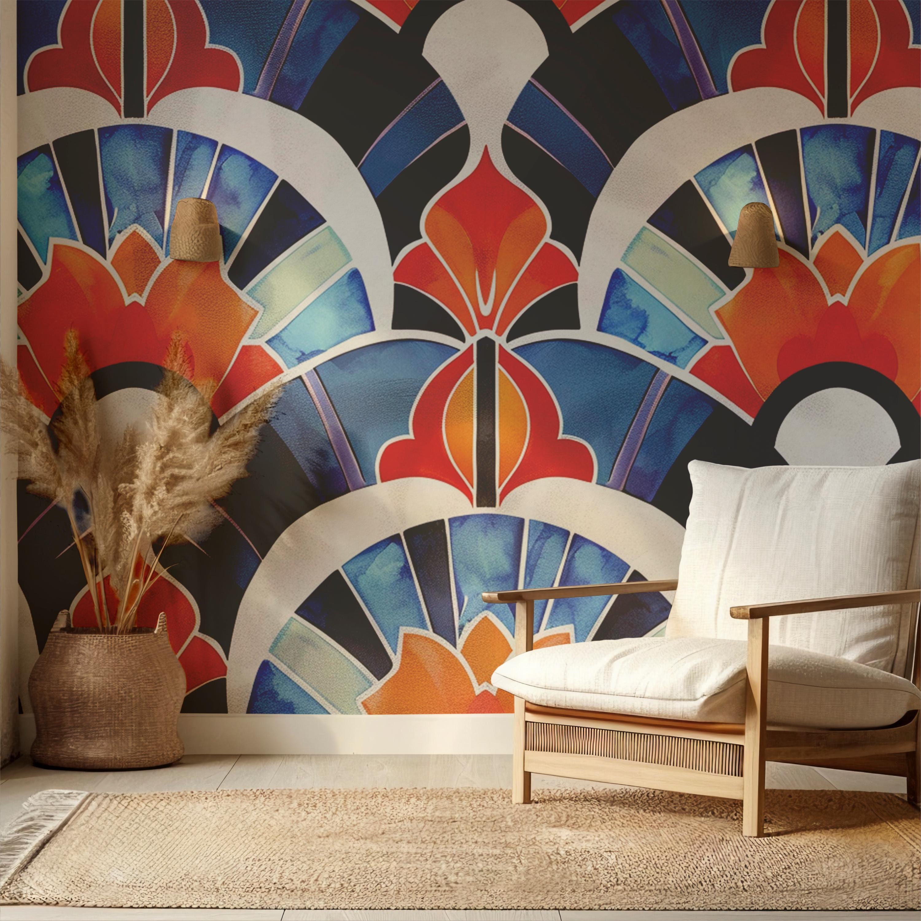 Retro Art Deco Floral Wallpaper Mural