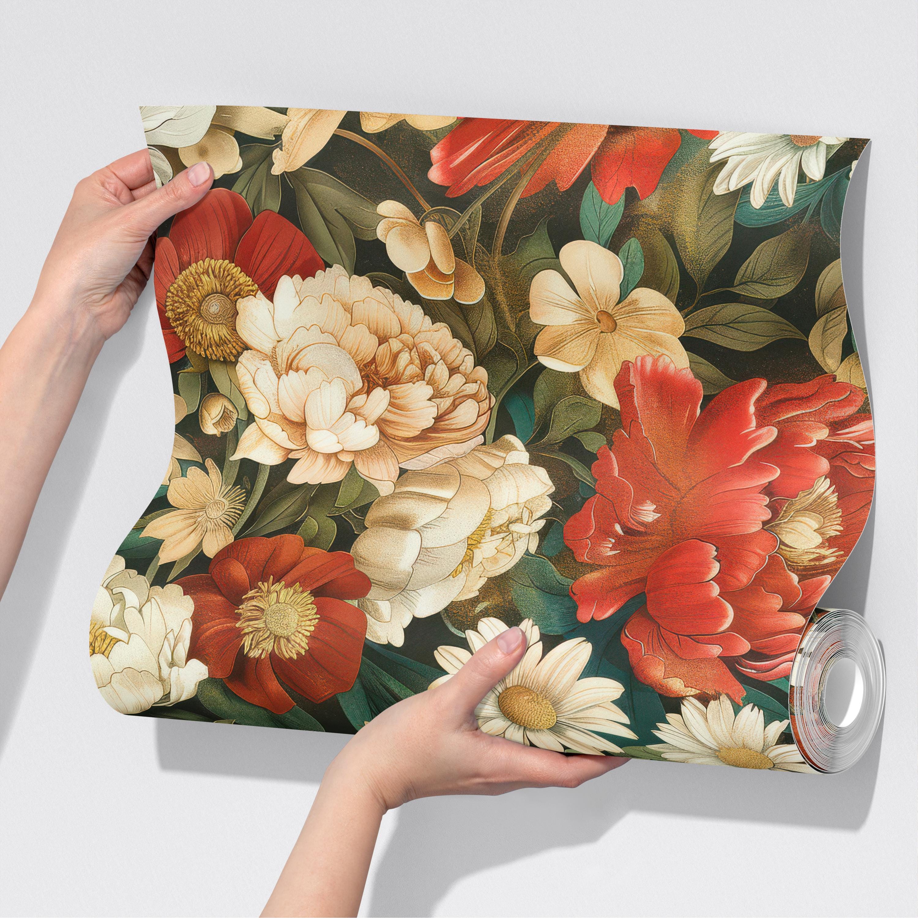 Peony & Daisy Botanical Vintage Floral Wallpaper