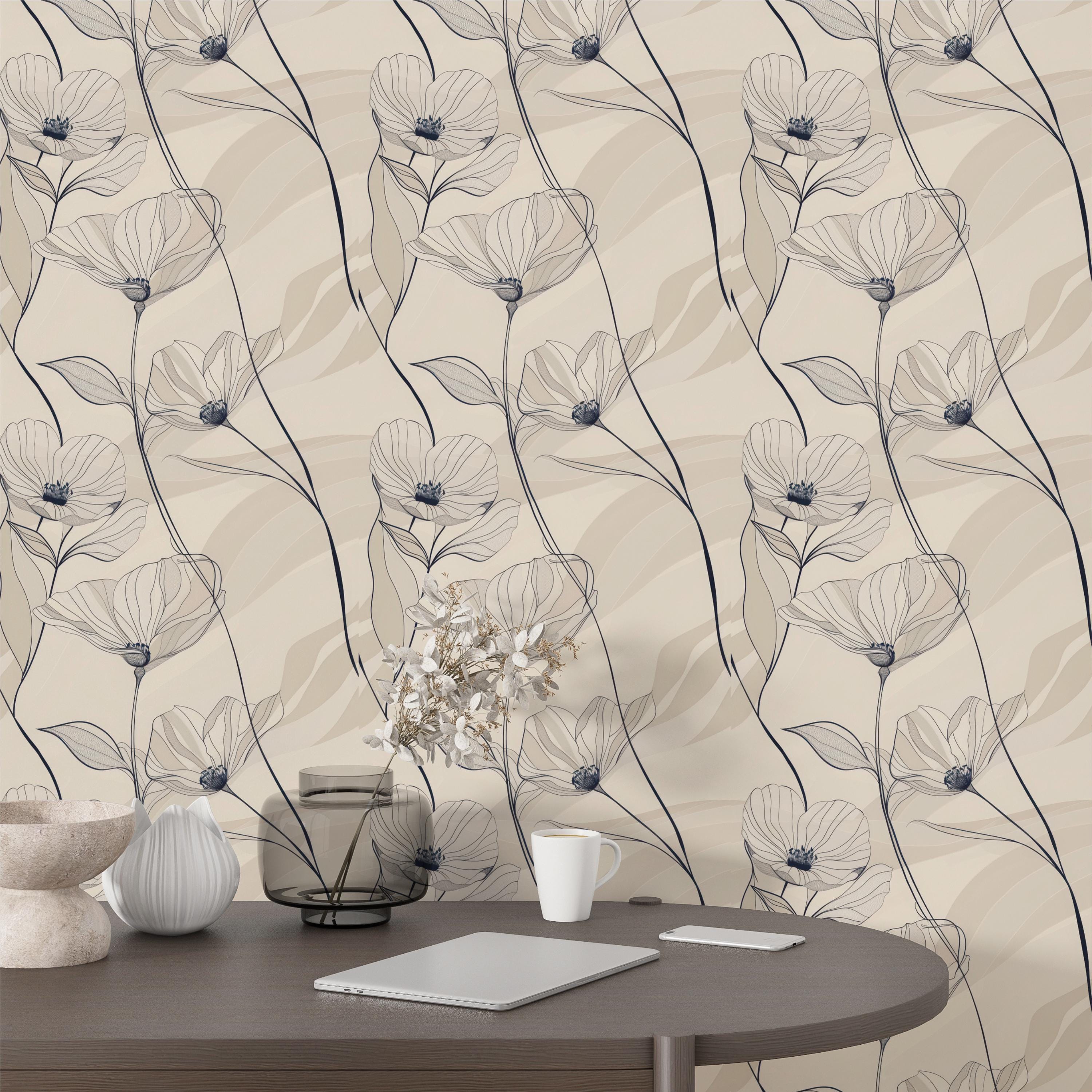 Modern Line Art Minimalist Floral Wallpaper