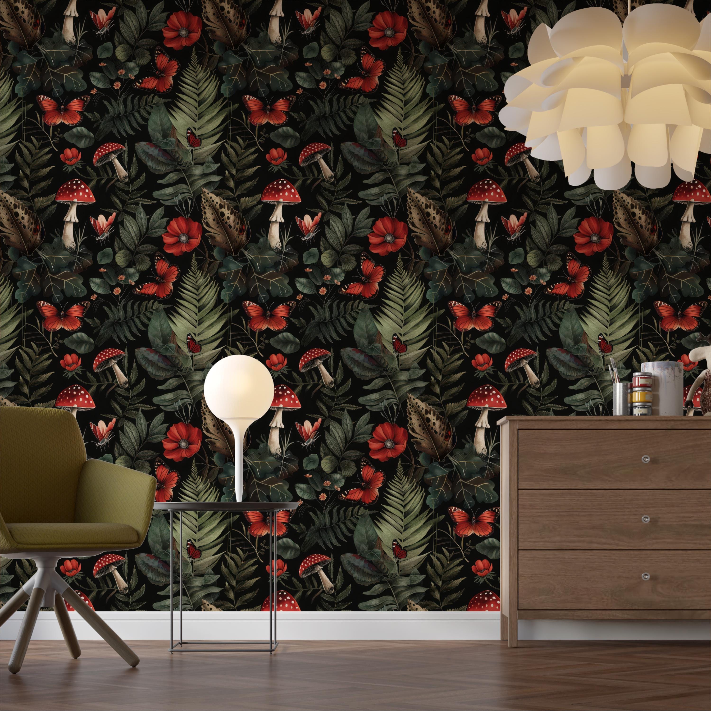 Dark Forest Mystical Red Mushrooms & Ferns Wallpaper