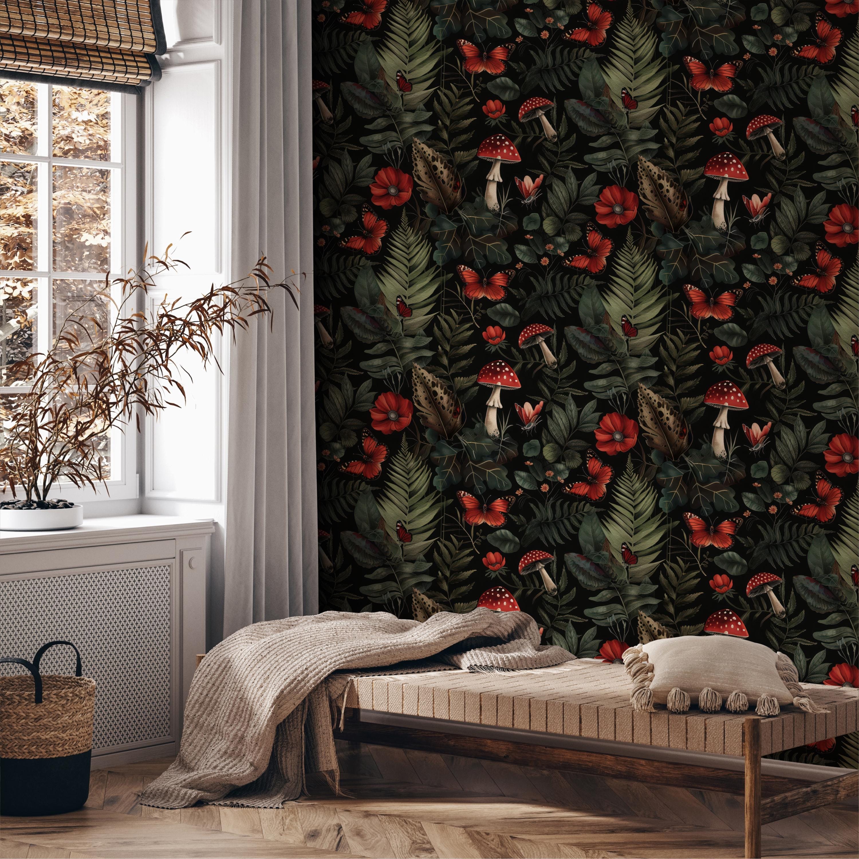 Dark Forest Mystical Red Mushrooms & Ferns Wallpaper