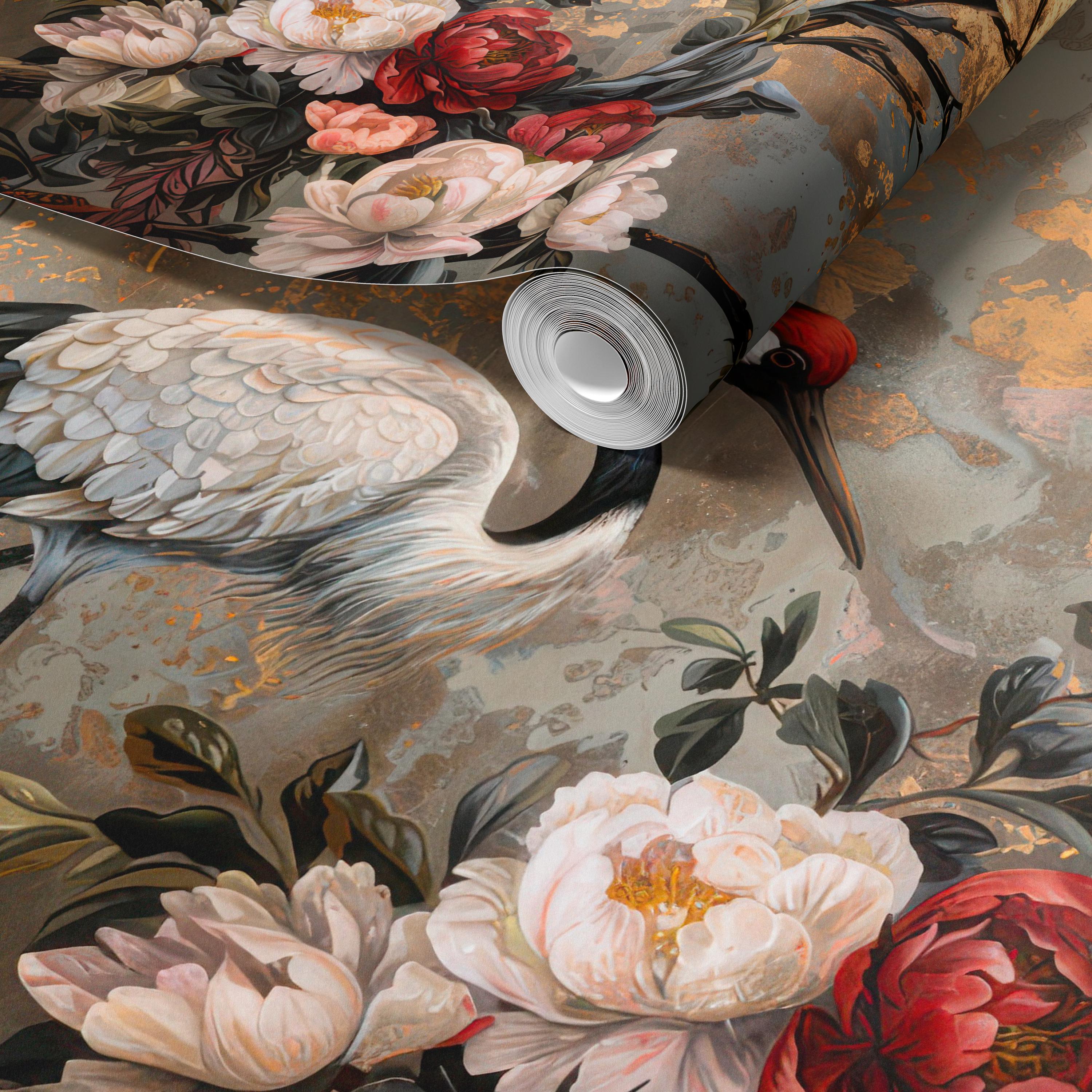 Elegant Floral Mural with Crane & Metallic Gold Texture