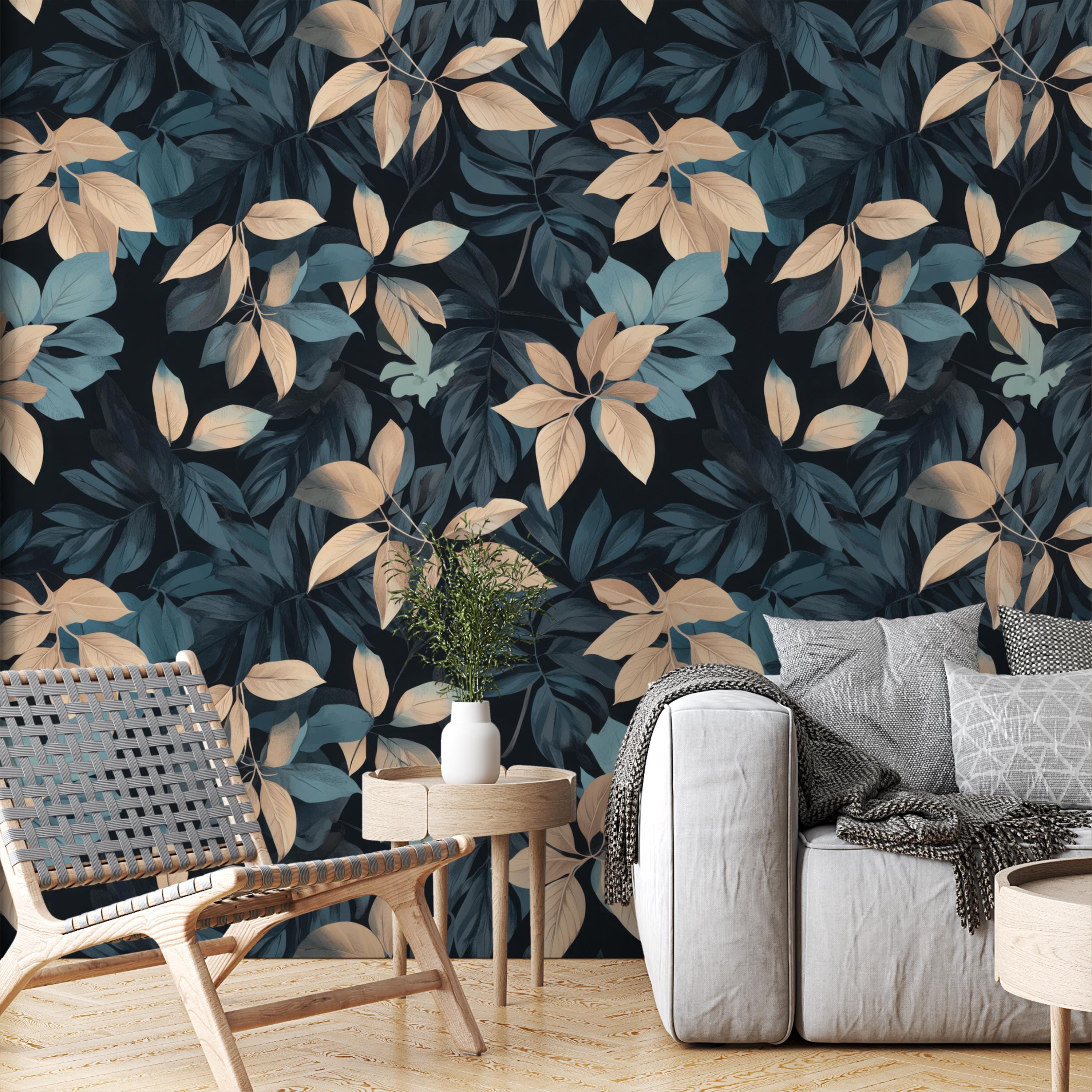 Teal Botanical Leaf Wallpaper