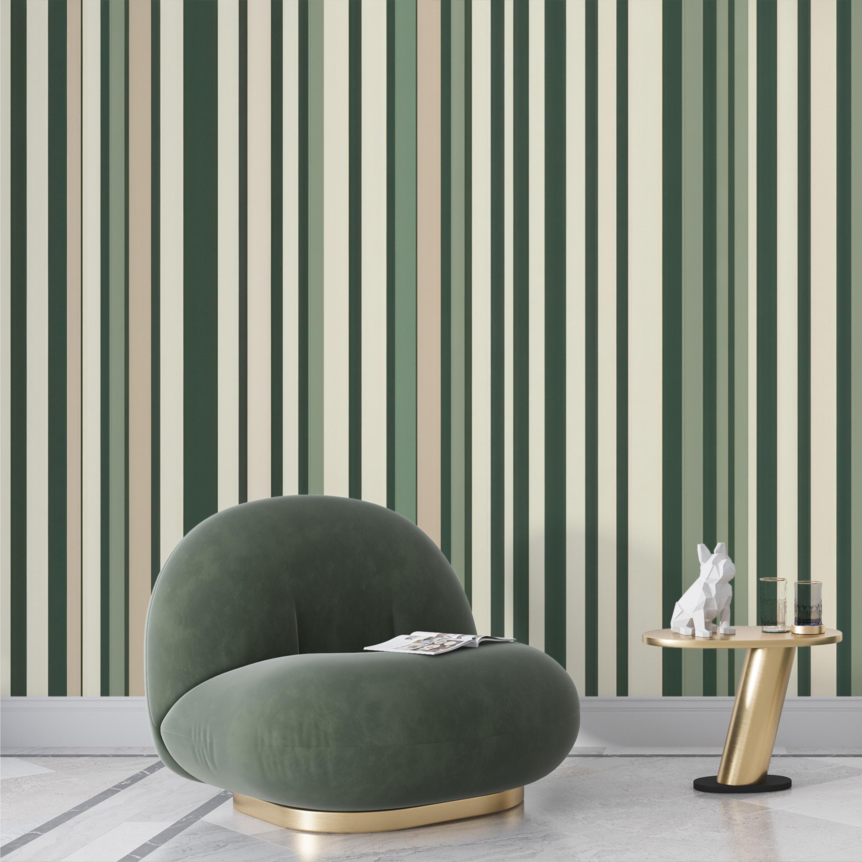 Modern Green Beige Striped Wallpaper