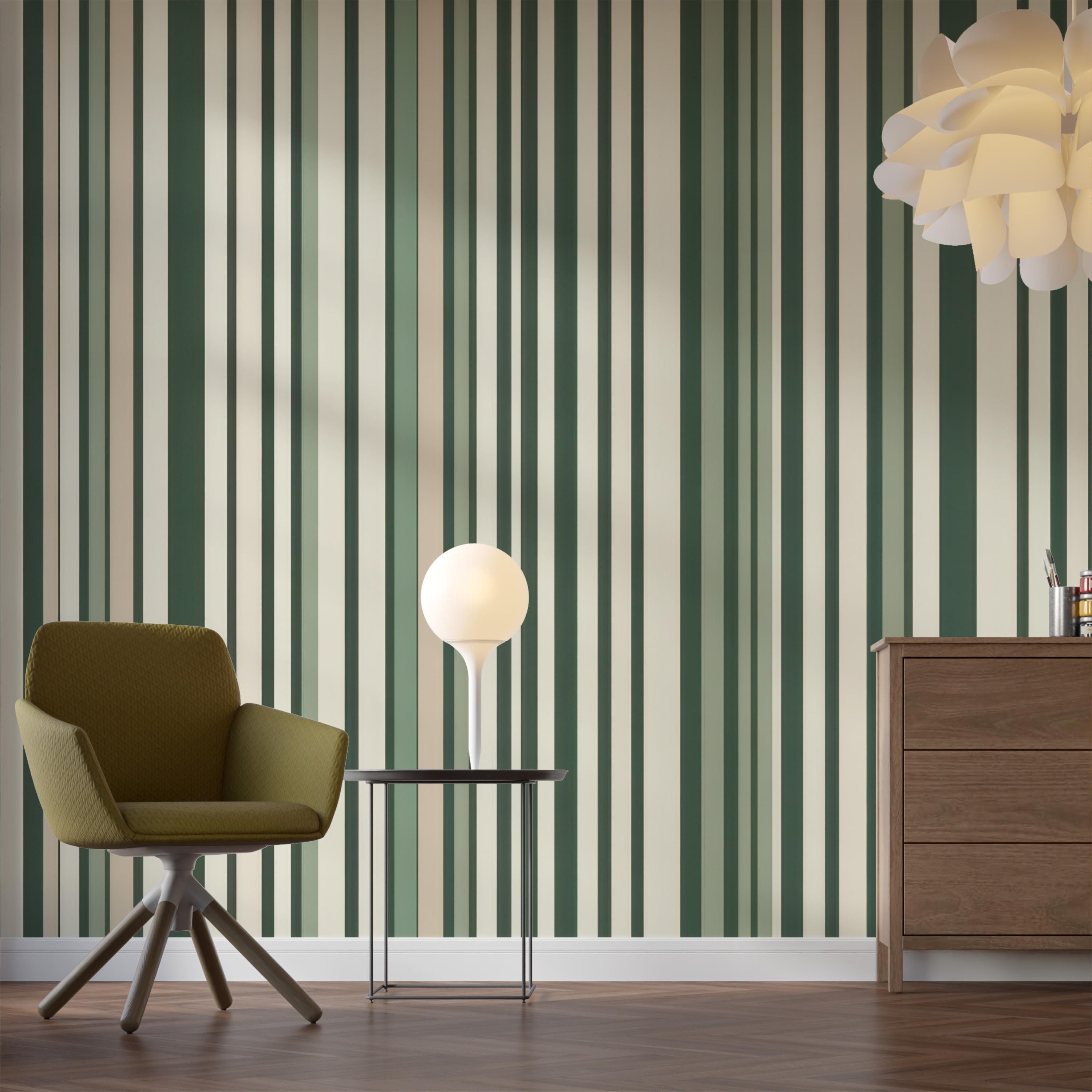 Modern Green Beige Striped Wallpaper