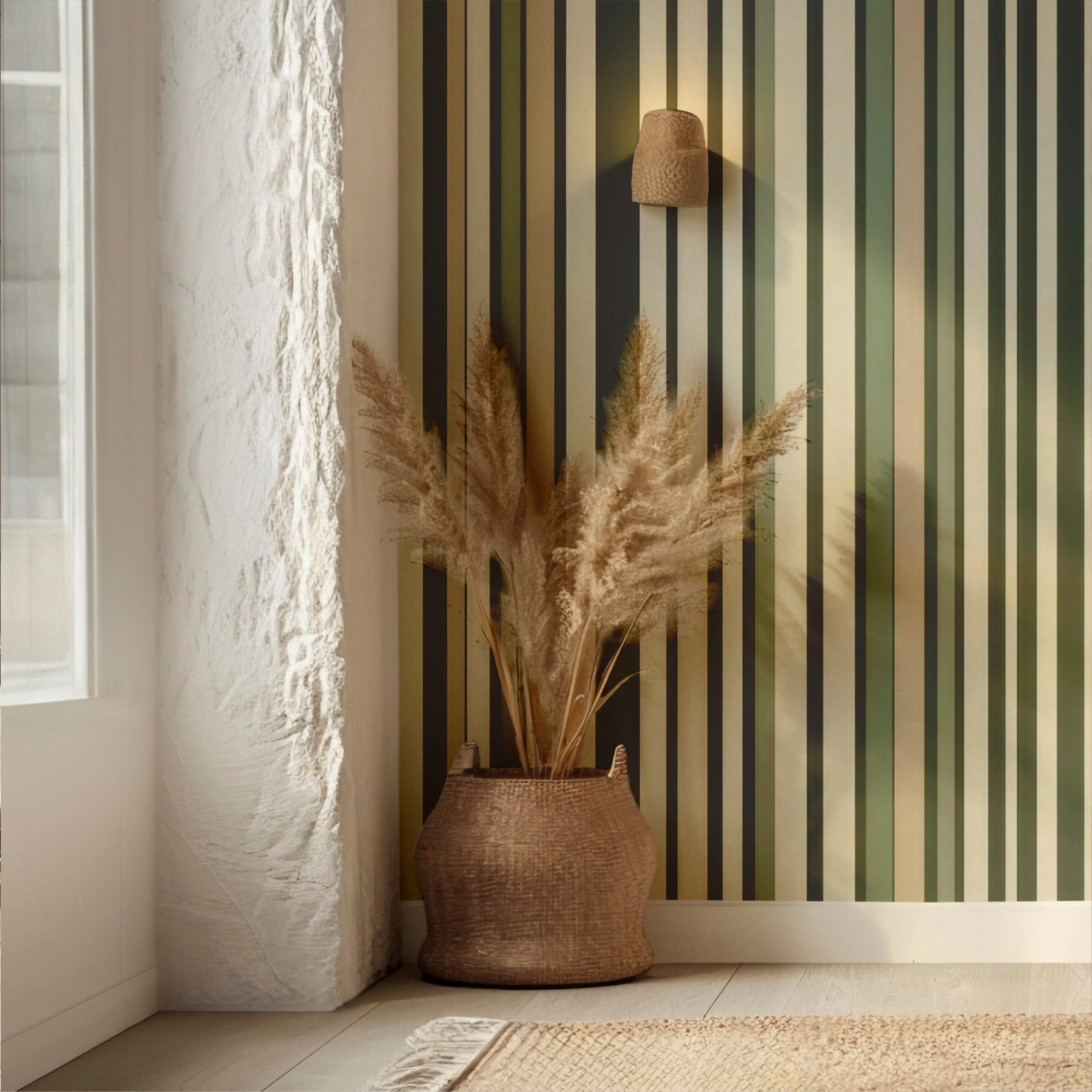 Modern Green Beige Striped Wallpaper