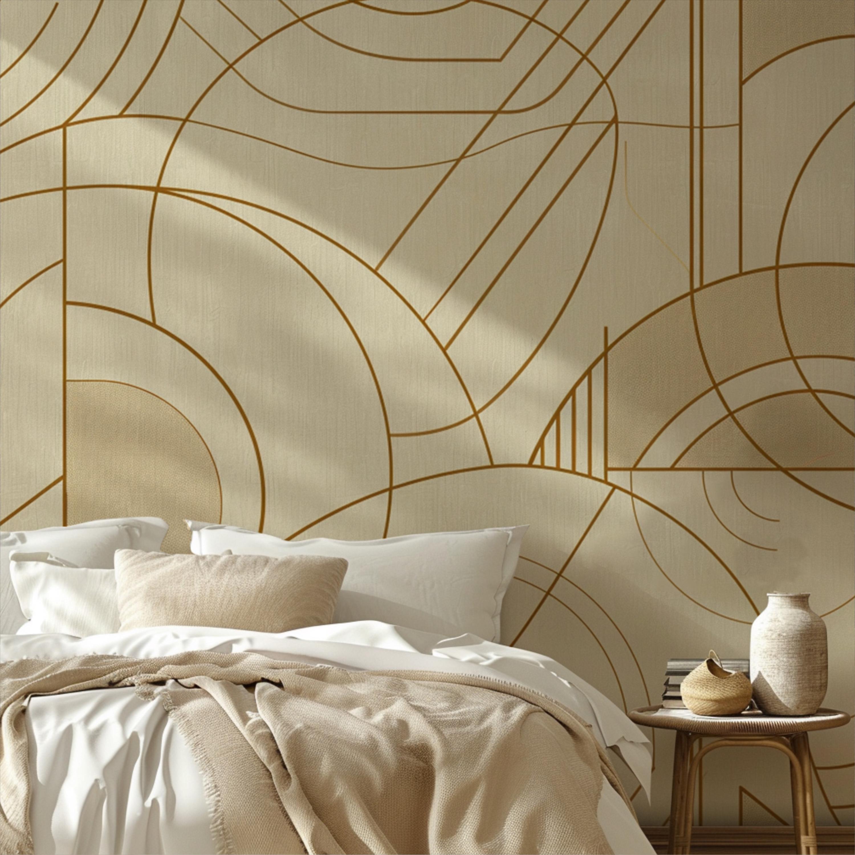 Beige and Gold Line Art Wallpaper
