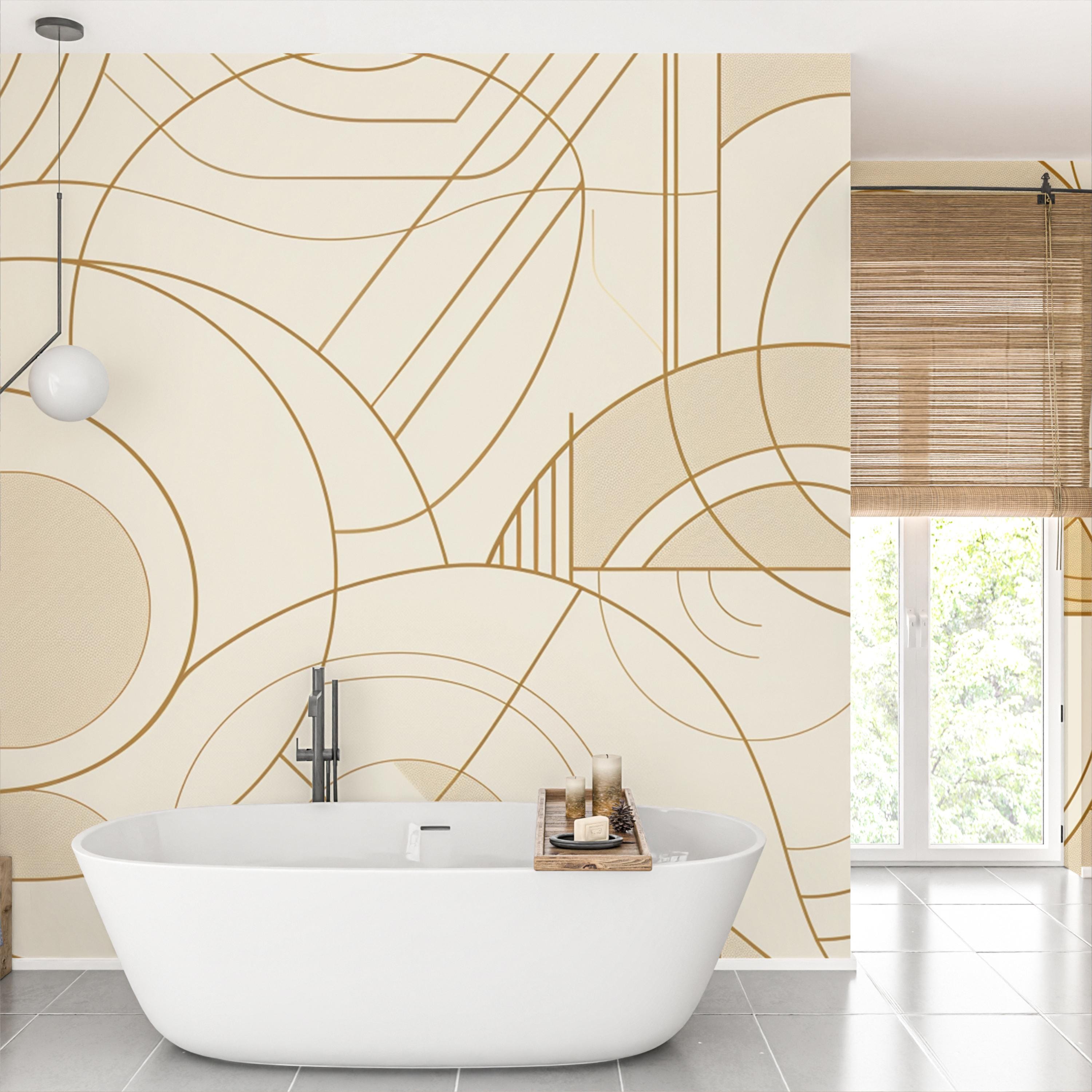 Beige and Gold Line Art Wallpaper