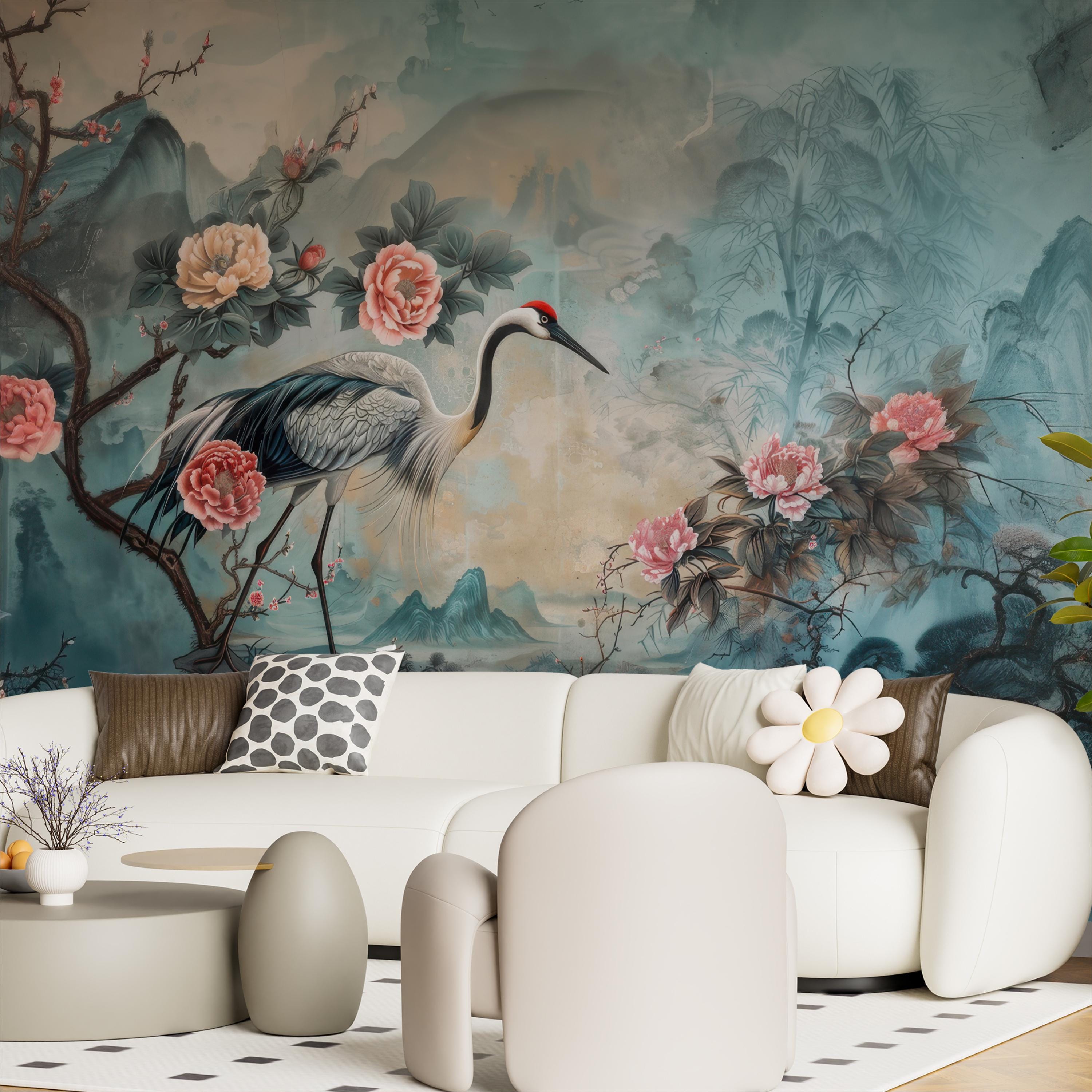 Chinoiserie Peony and Crane Wallpaper Mural