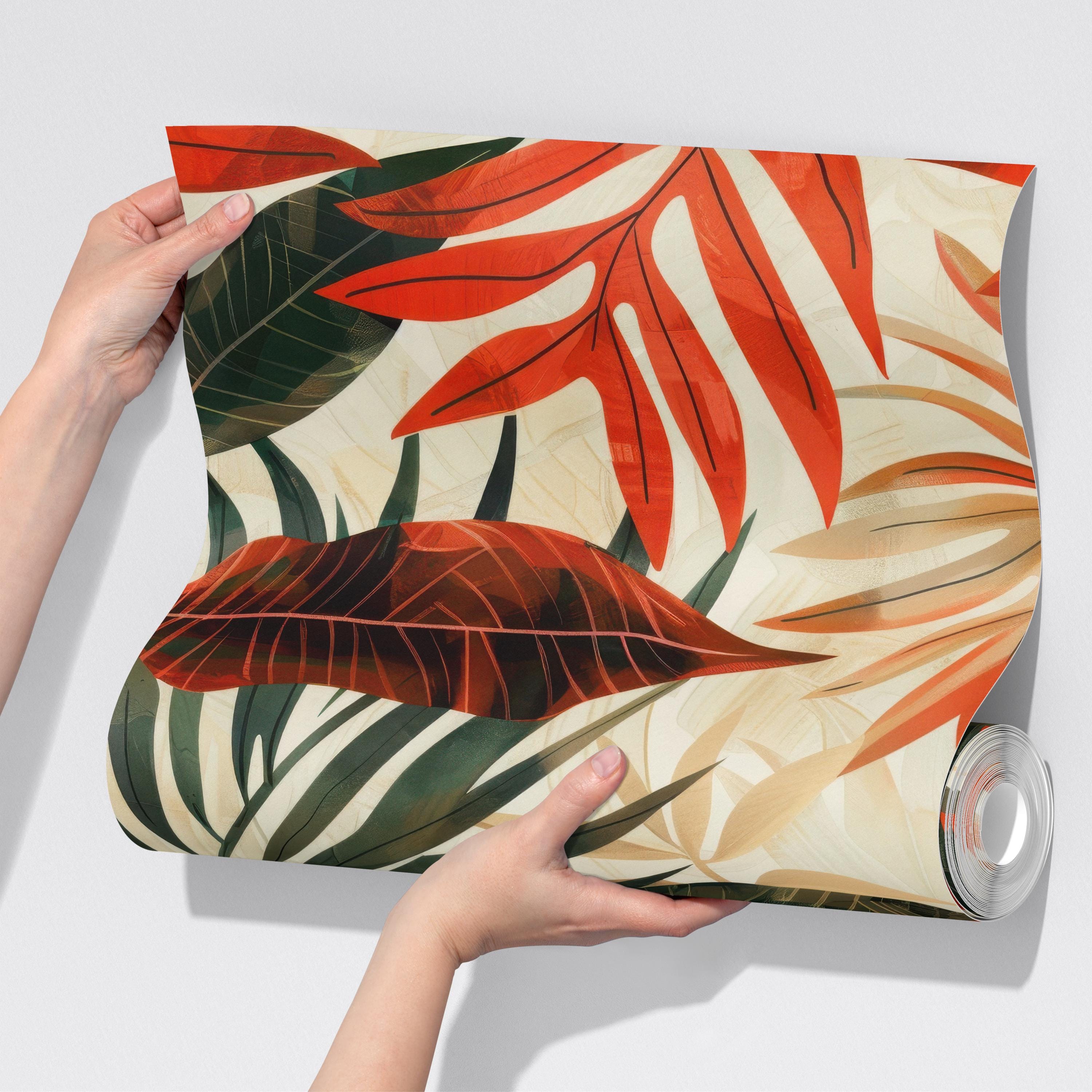 Tropical Red and Green Leaf Wallpaper