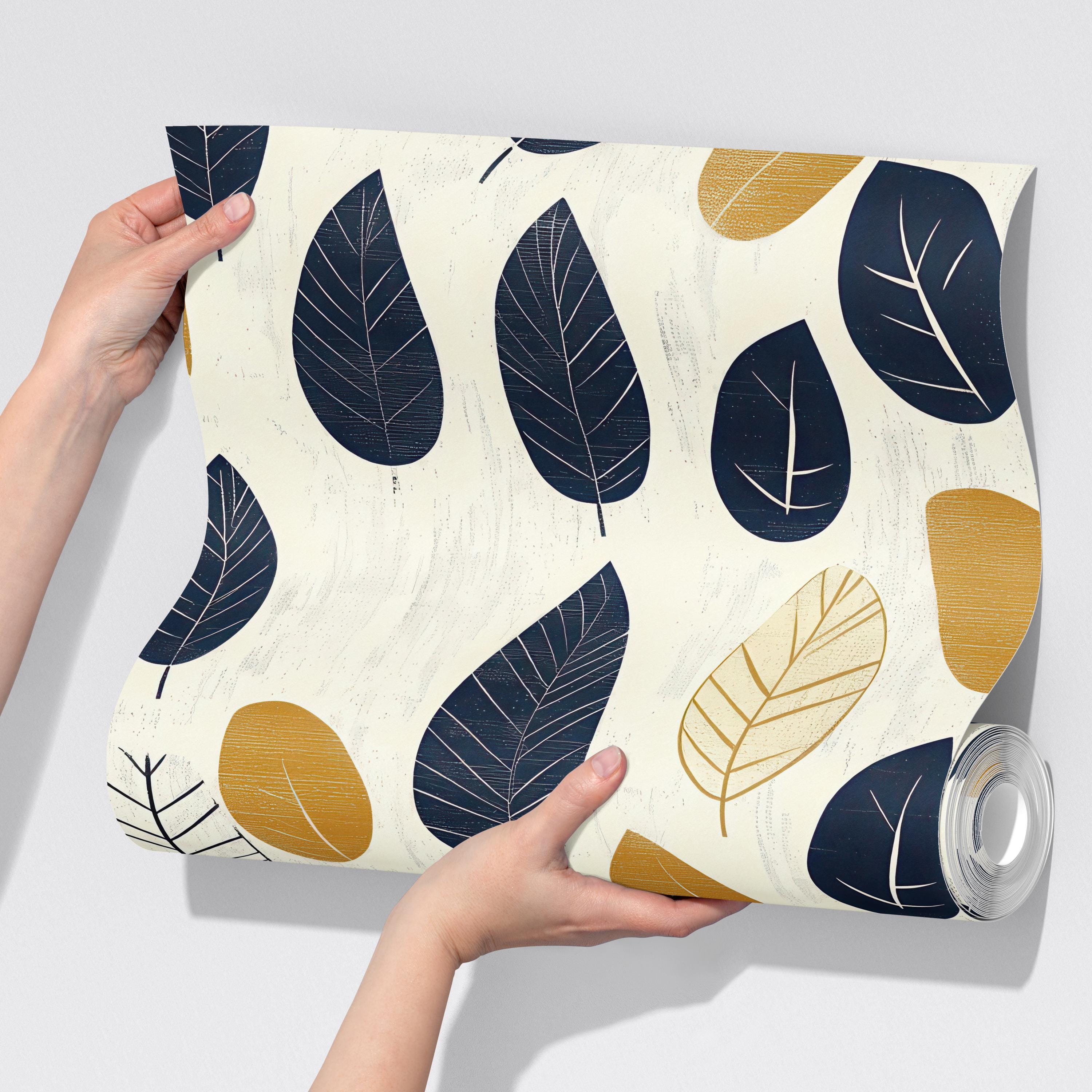 Navy and Mustard Leaf Wallpaper