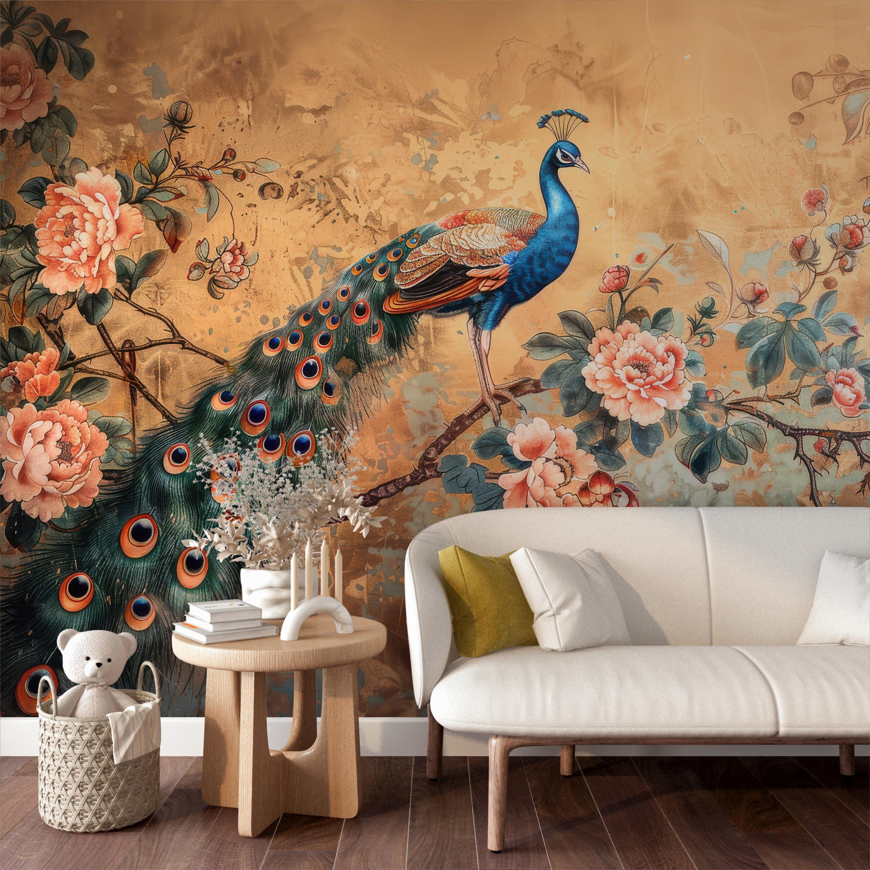 Gold Accent Peacock Wallpaper