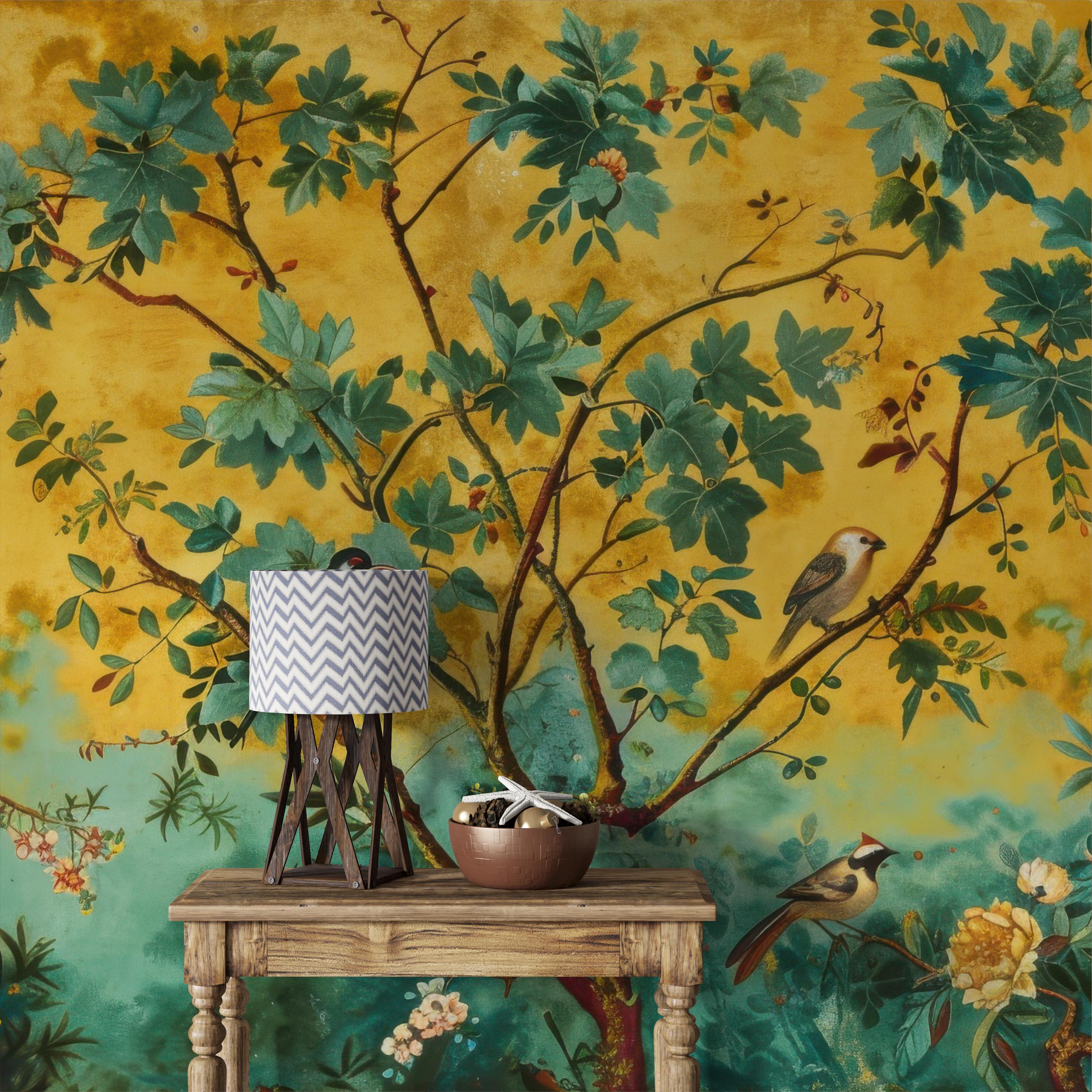 Vintage Chinoiserie Bird Wallpaper Mural