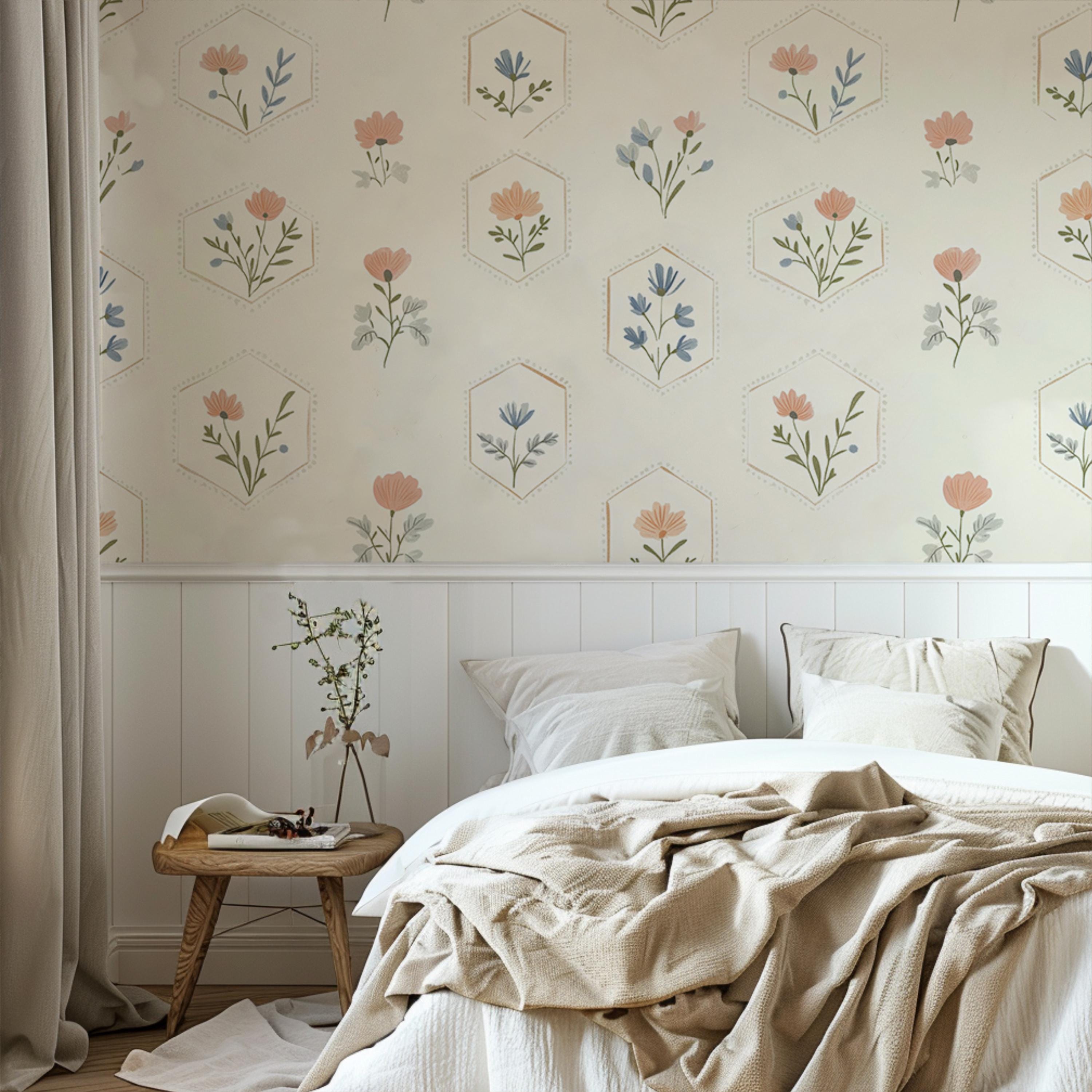 Hexagon Frame Floral Wallpaper