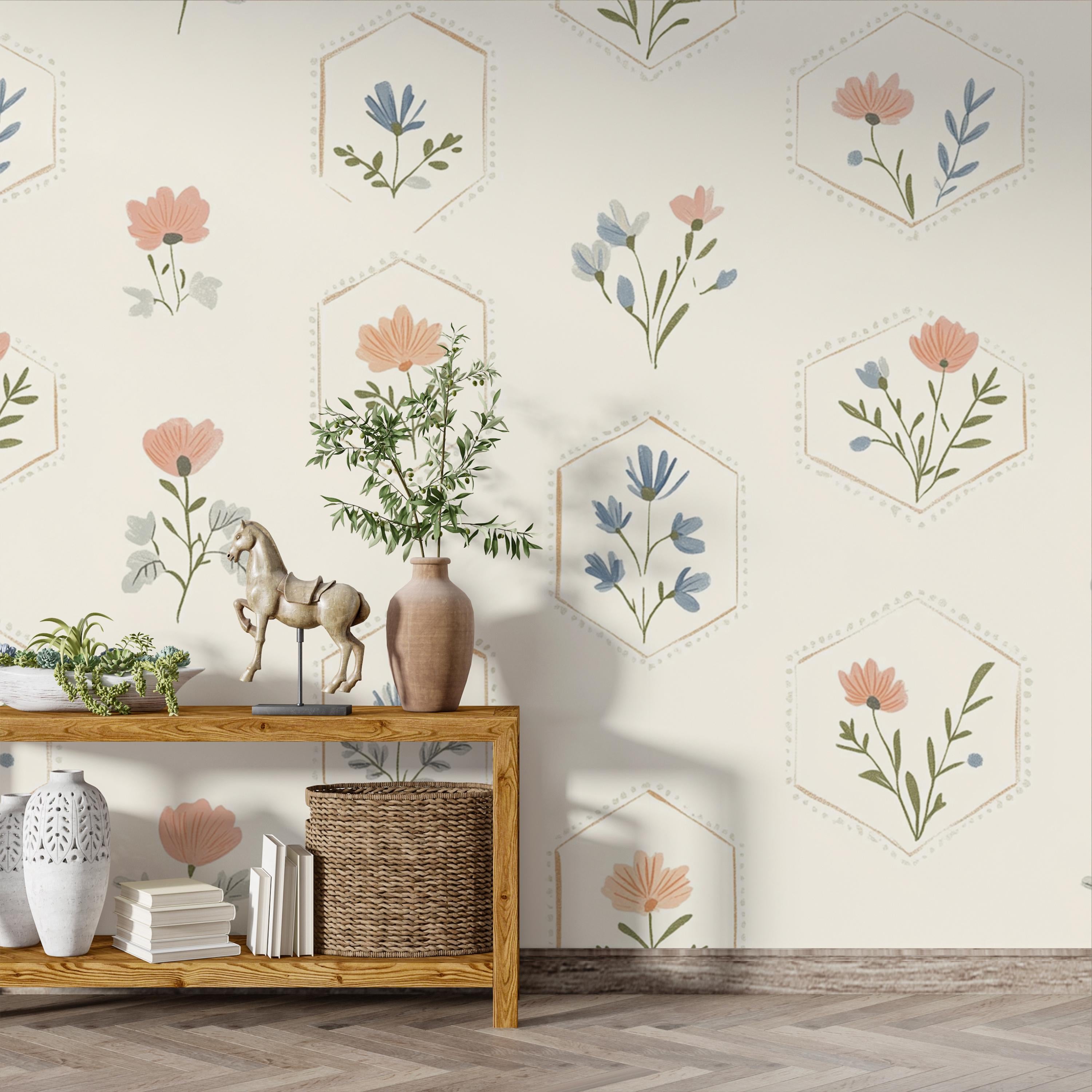 Hexagon Frame Floral Wallpaper