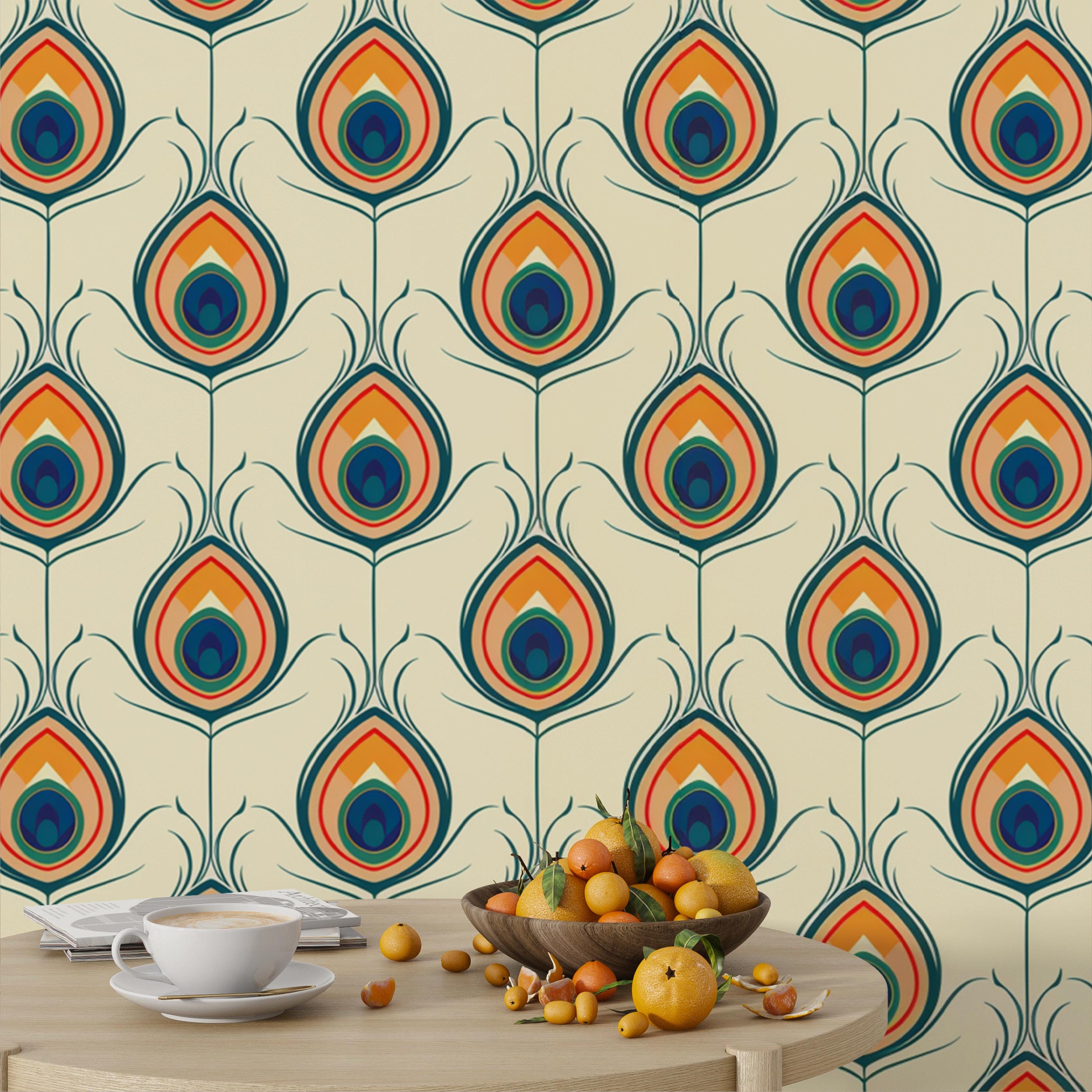 Retro Colorful Peacock Feather Wallpaper