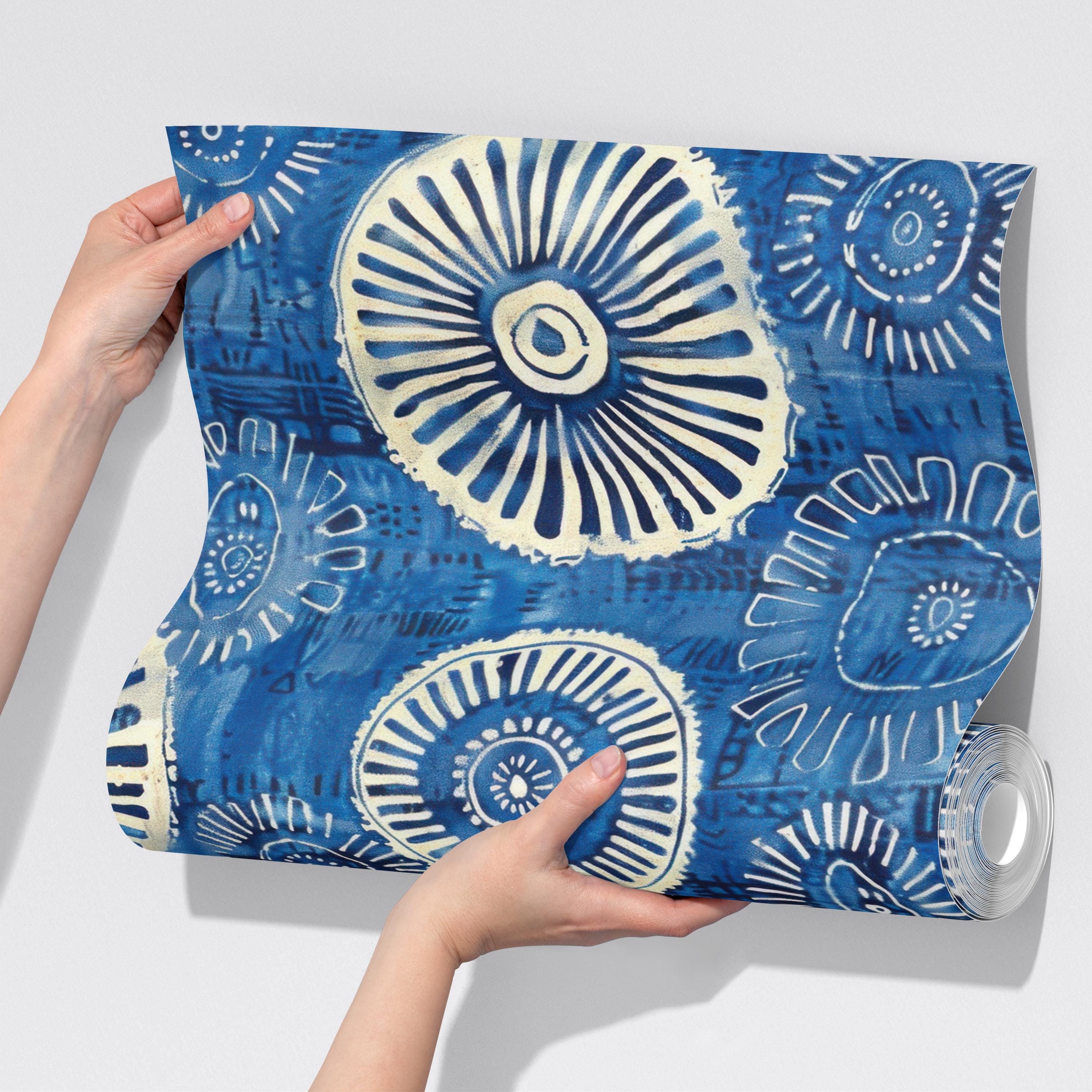 Indigo Blue Tribal Sunburst Wallpaper