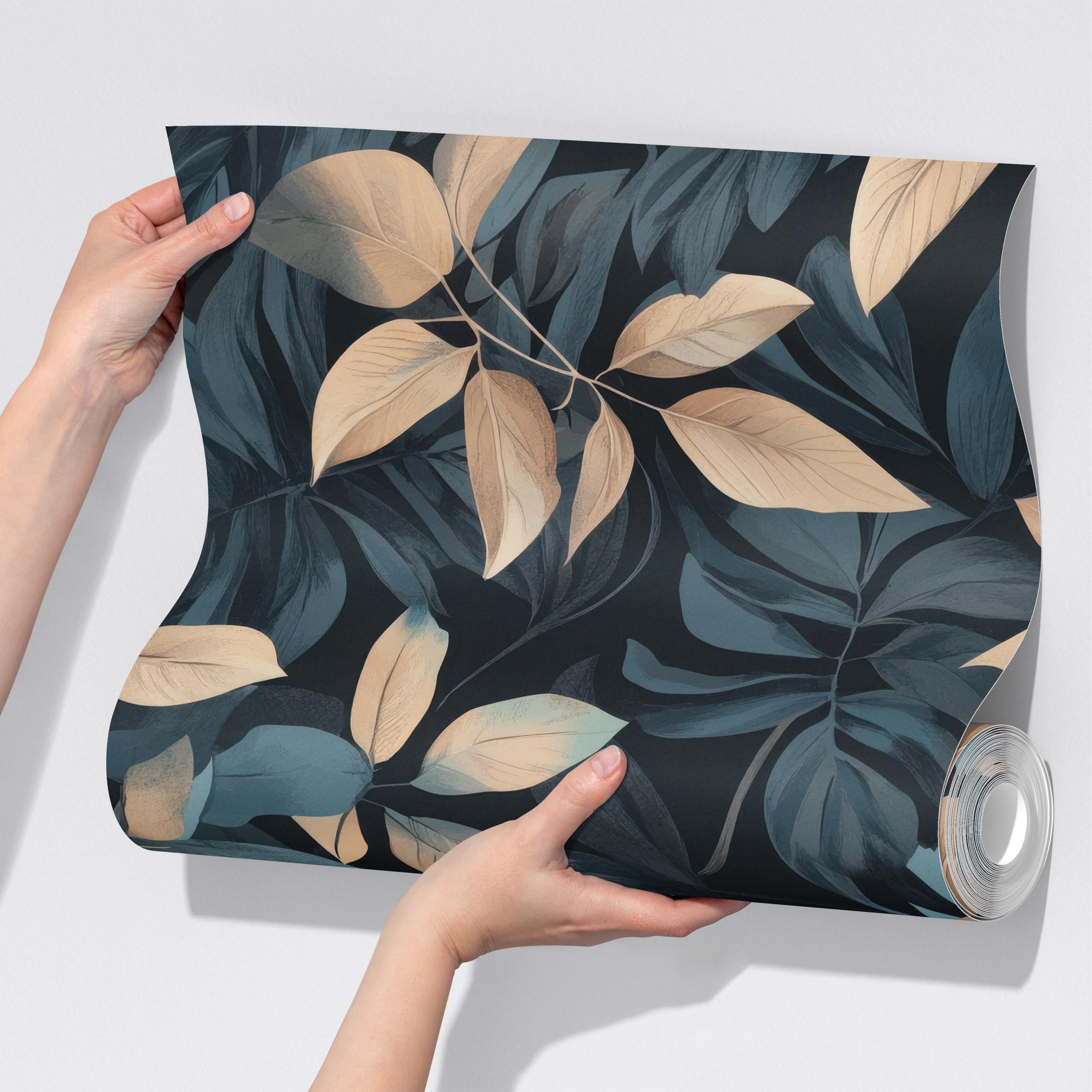 Teal Botanical Leaf Wallpaper