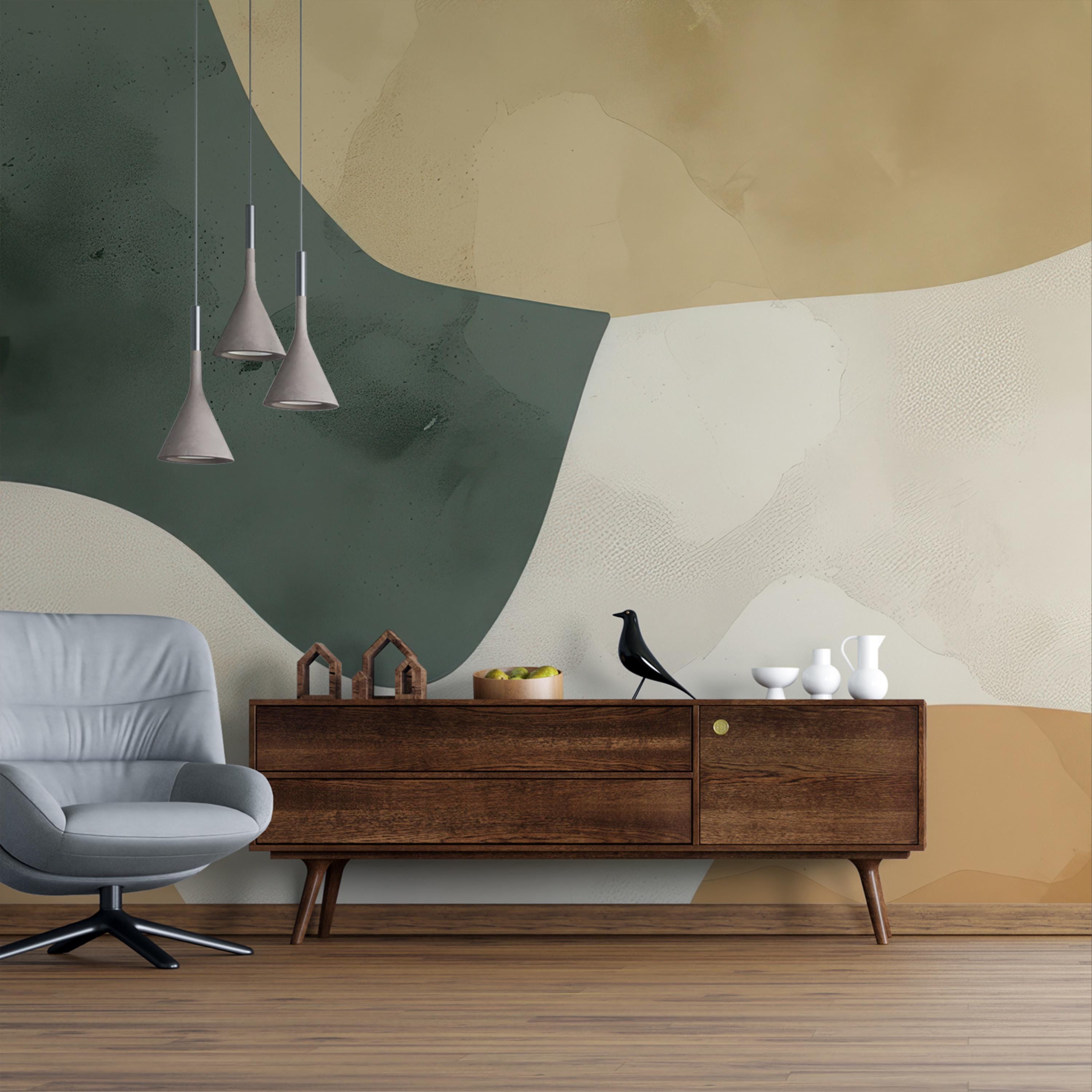 Abstract Beige and Olive Flowing Wallpaper