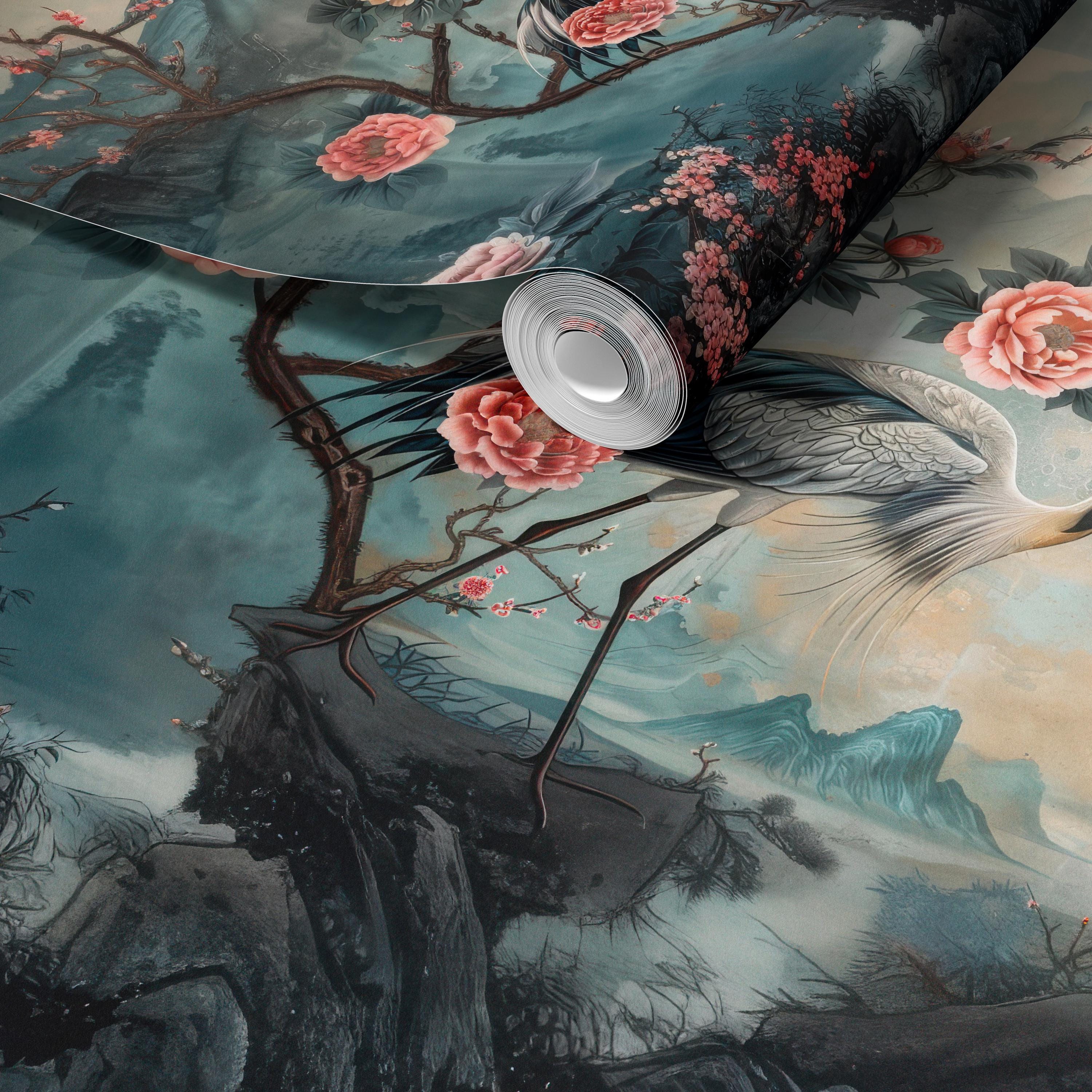 Chinoiserie Peony and Crane Wallpaper Mural