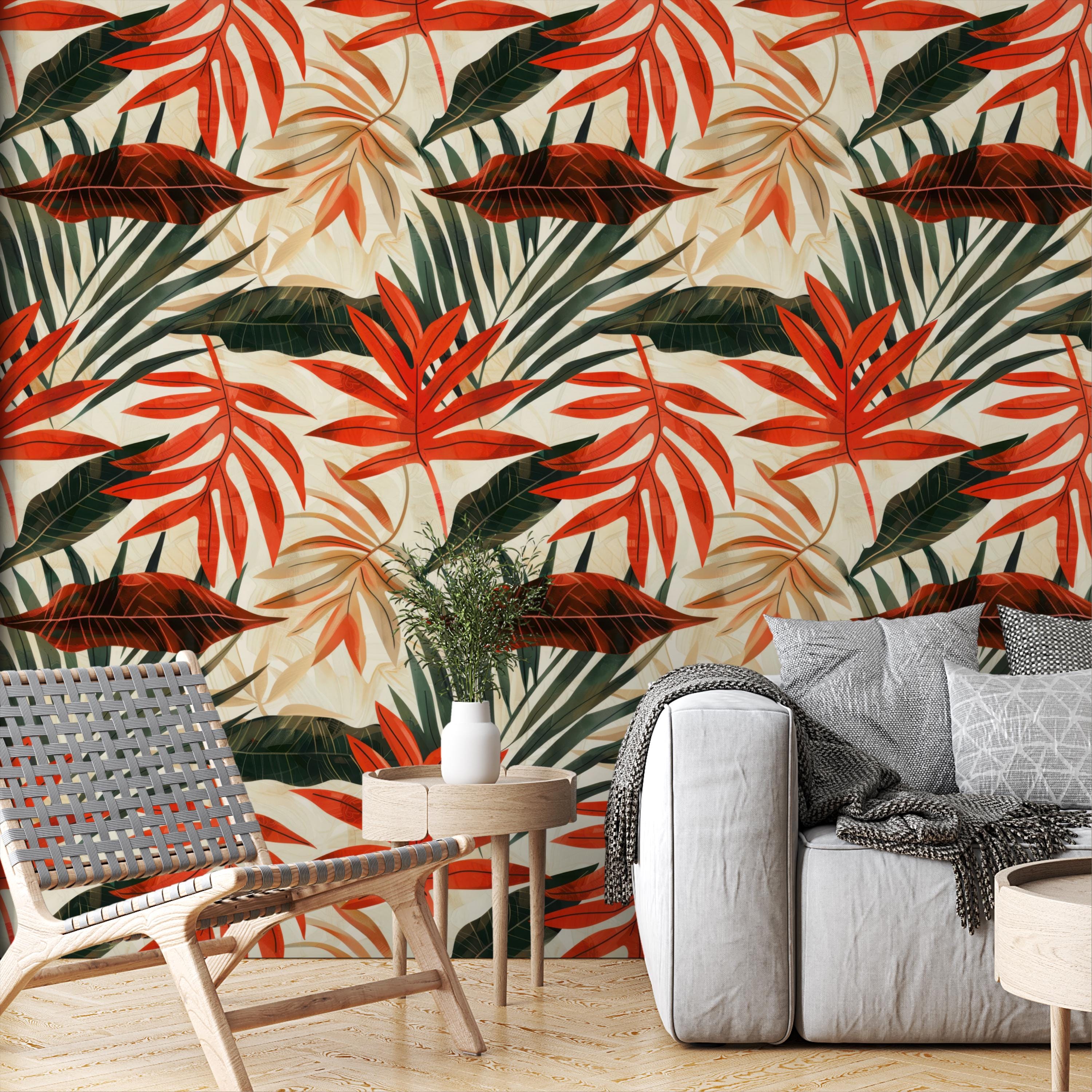 Tropical Red and Green Leaf Wallpaper