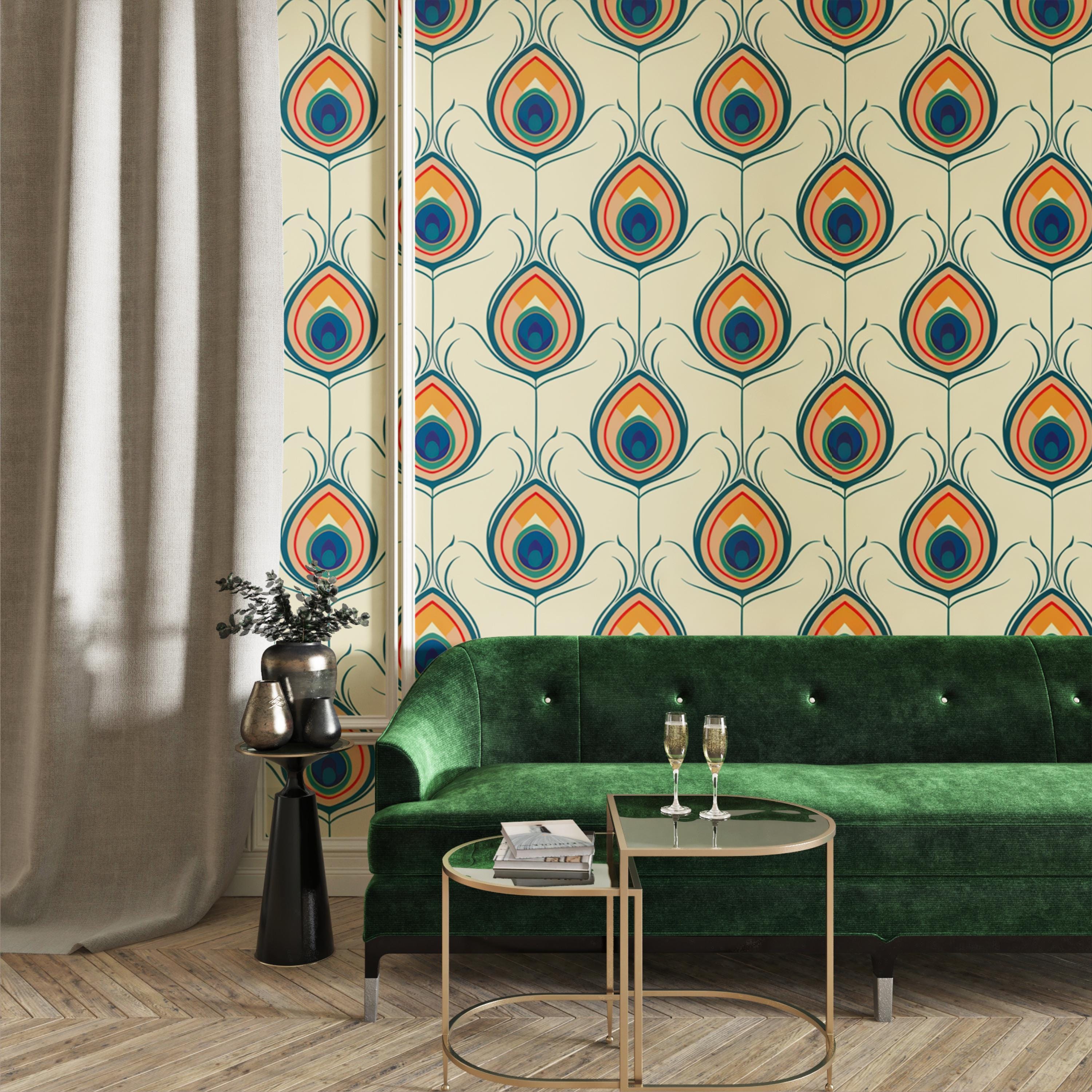 Retro Colorful Peacock Feather Wallpaper