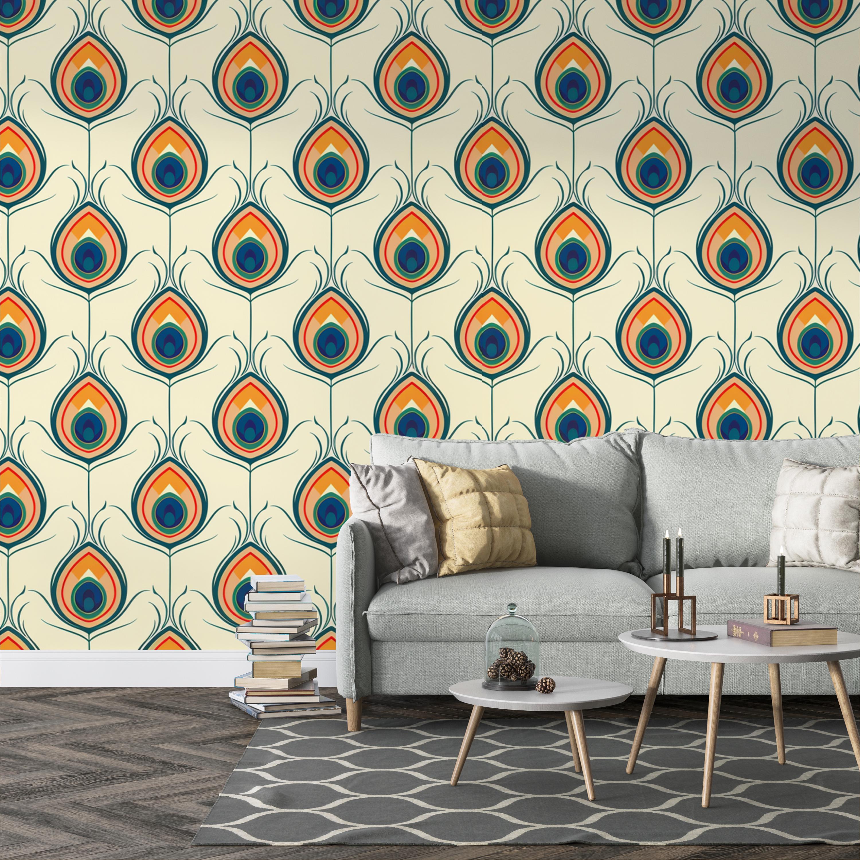 Retro Colorful Peacock Feather Wallpaper