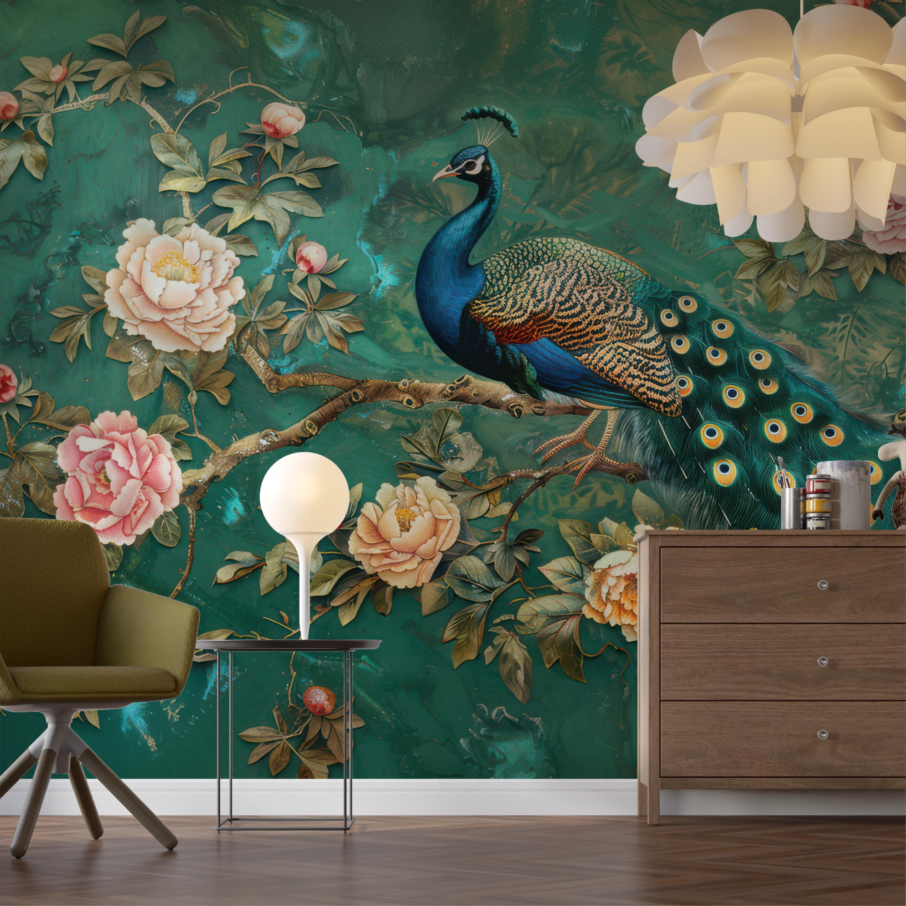 Elegant Vintage Peacock and Floral Wallpaper